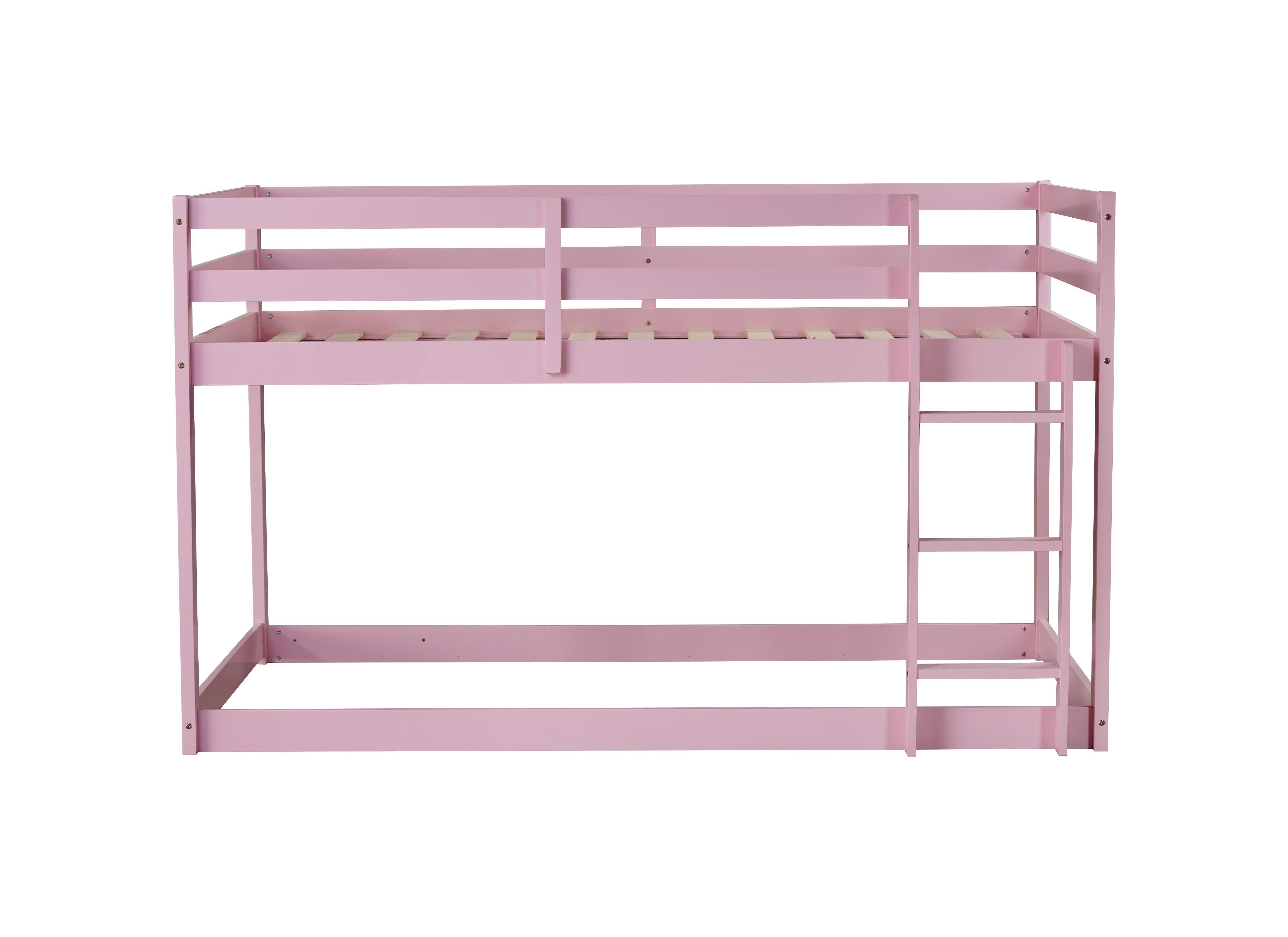 Pink twin over twin bunk bed with ladder, angled view