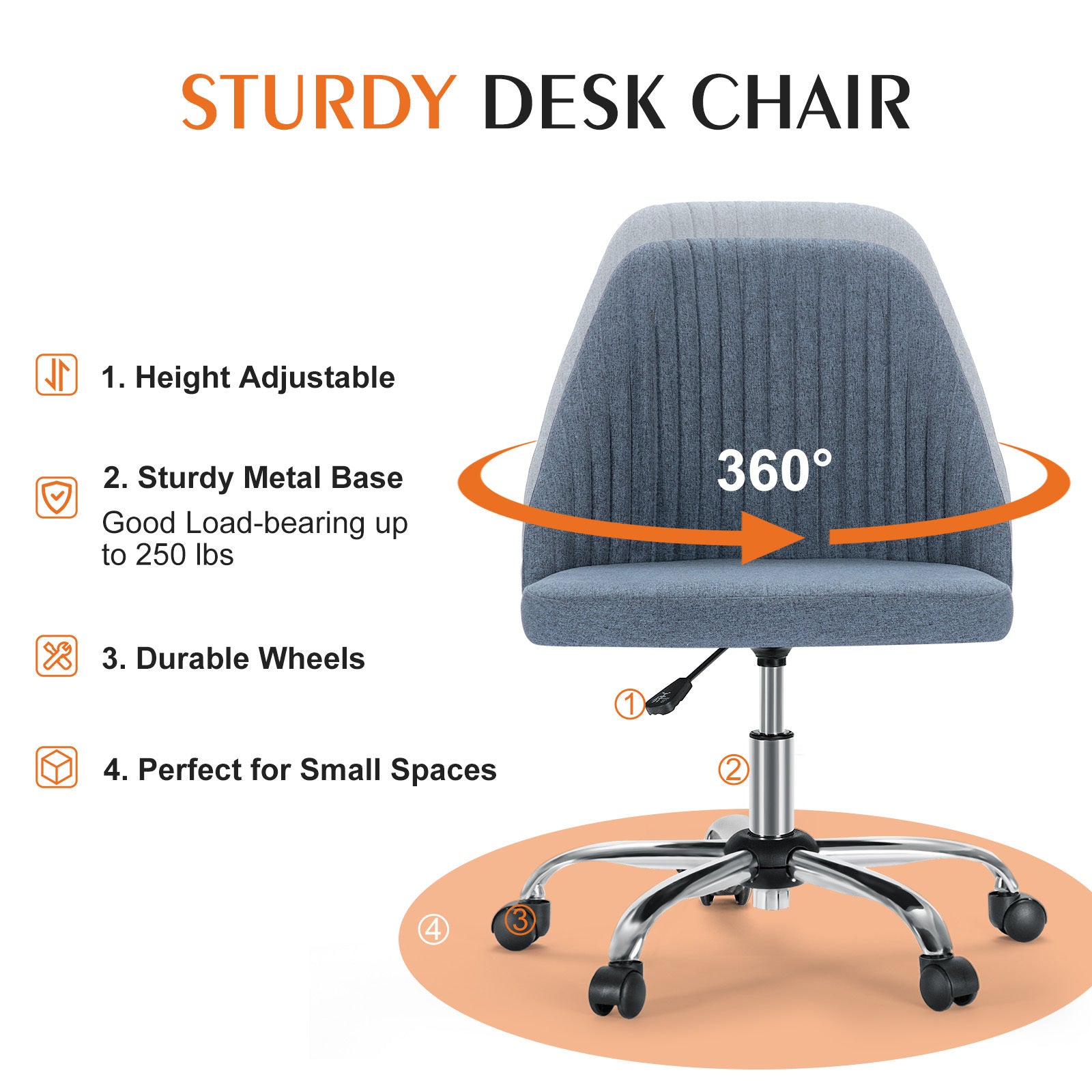 Sweetcrispy Armless Home Office Desk Chair with Wheels Adjustable Swivel Task Computer Vanity Chair for Small Spaces