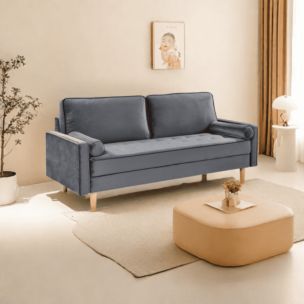 Sofa Simple Small House Double Three Person Straight Row American Retro Green Velvet Furniture Fabric Sofa Small Living Room Bedroom Office