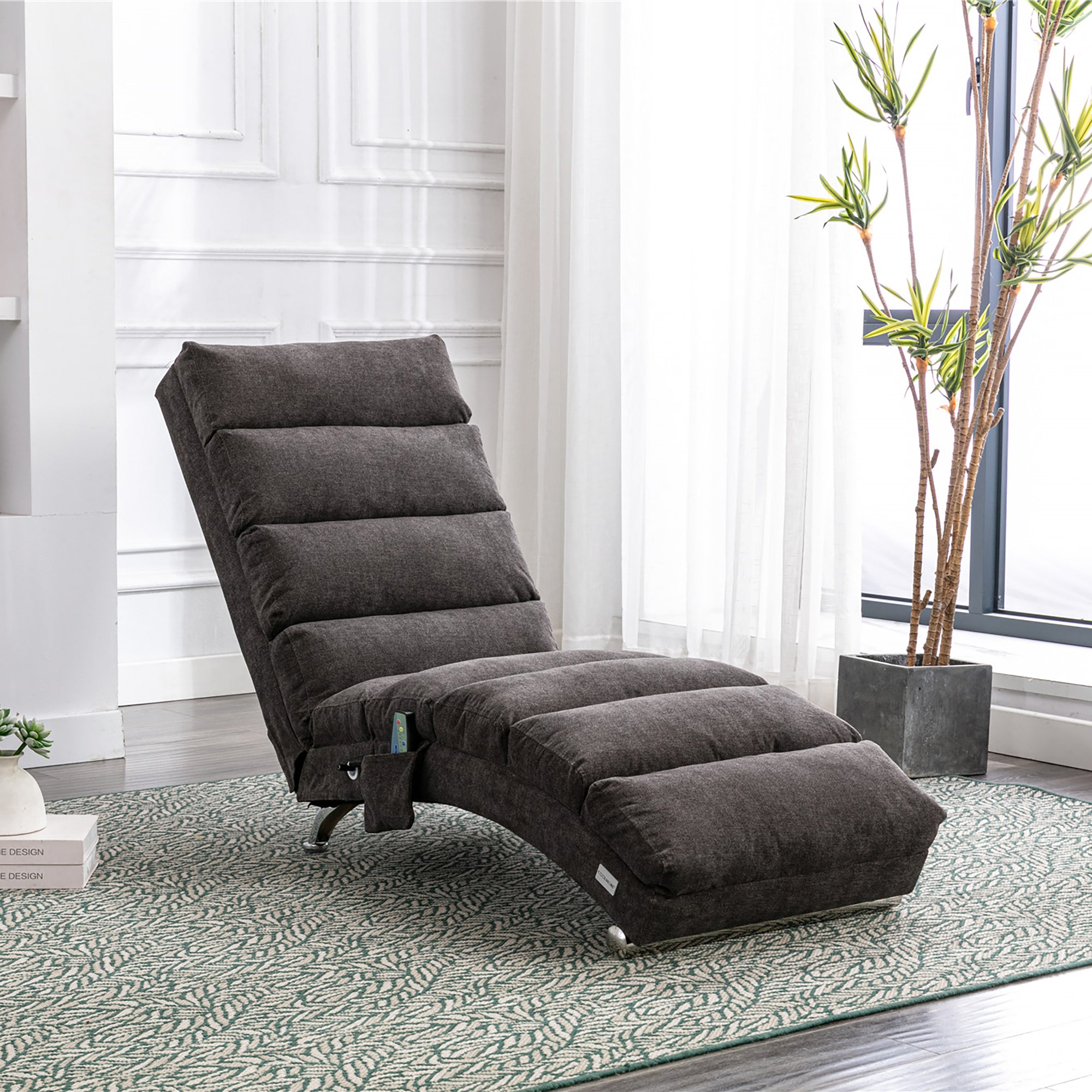 Fabric chaise lounge recliner with vibration, angled side view