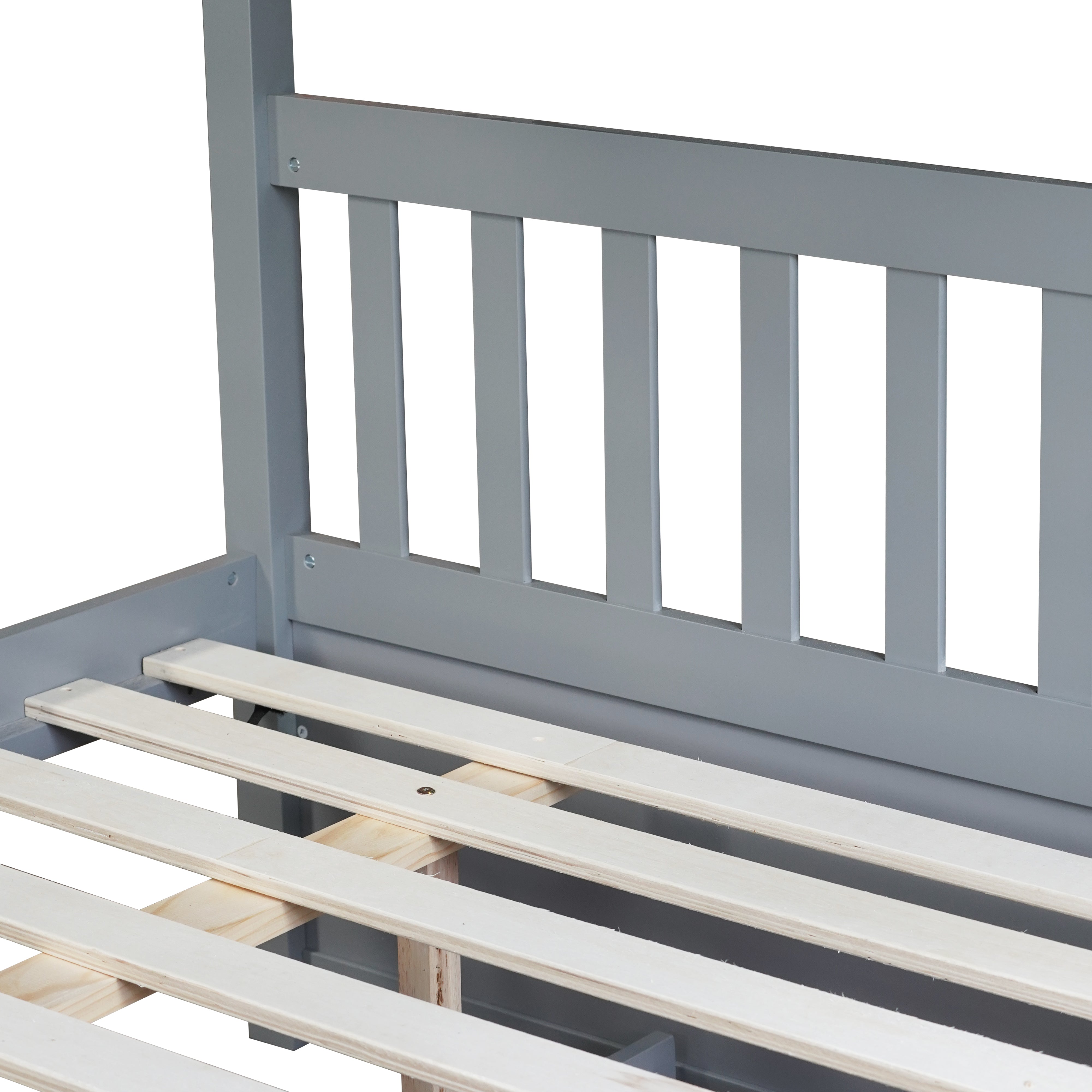 Grey rubber wood full over full bunk bed with twin trundle, front view