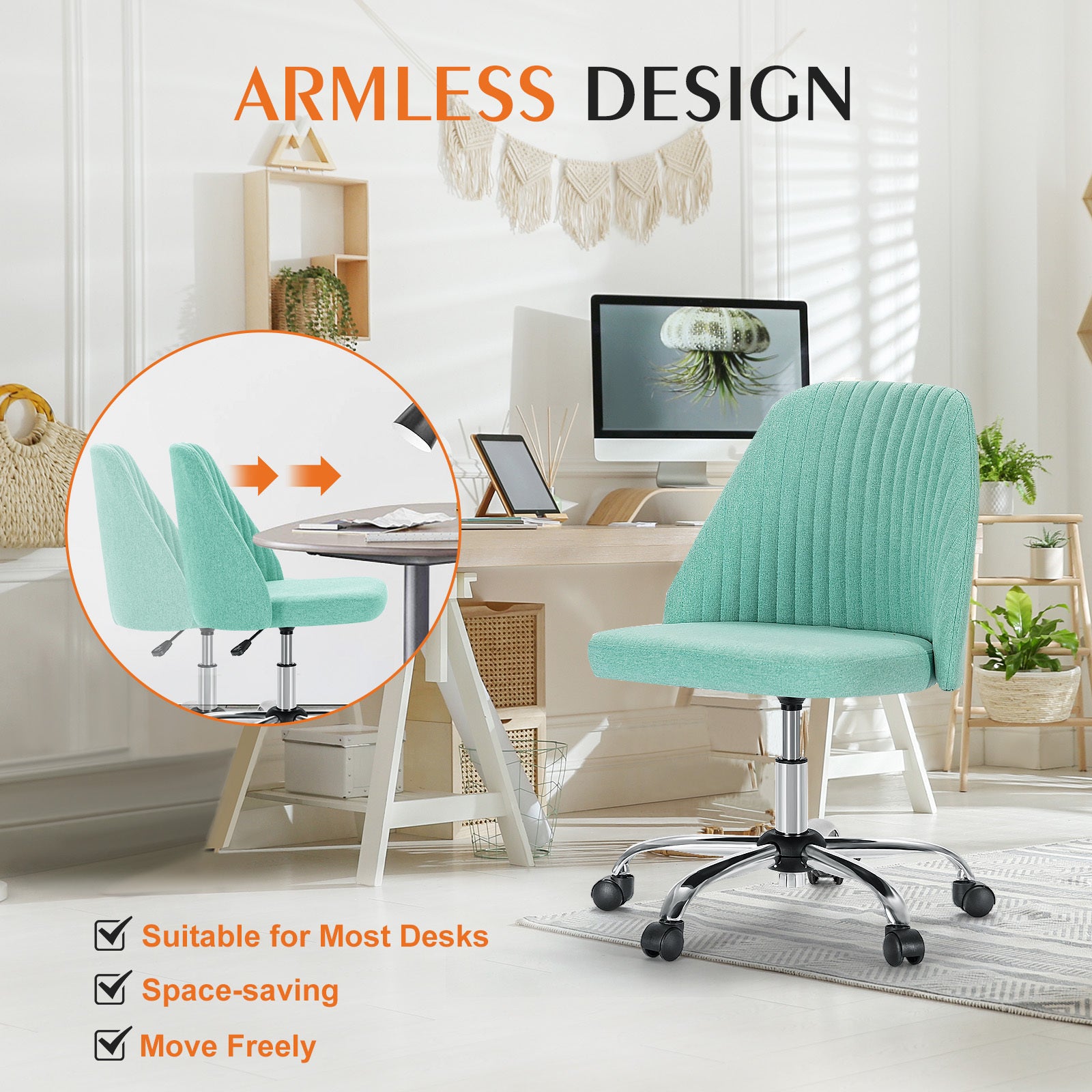Sweetcrispy Armless Home Office Desk Chair with Wheels Adjustable Swivel Task Computer Vanity Chair for Small Spaces