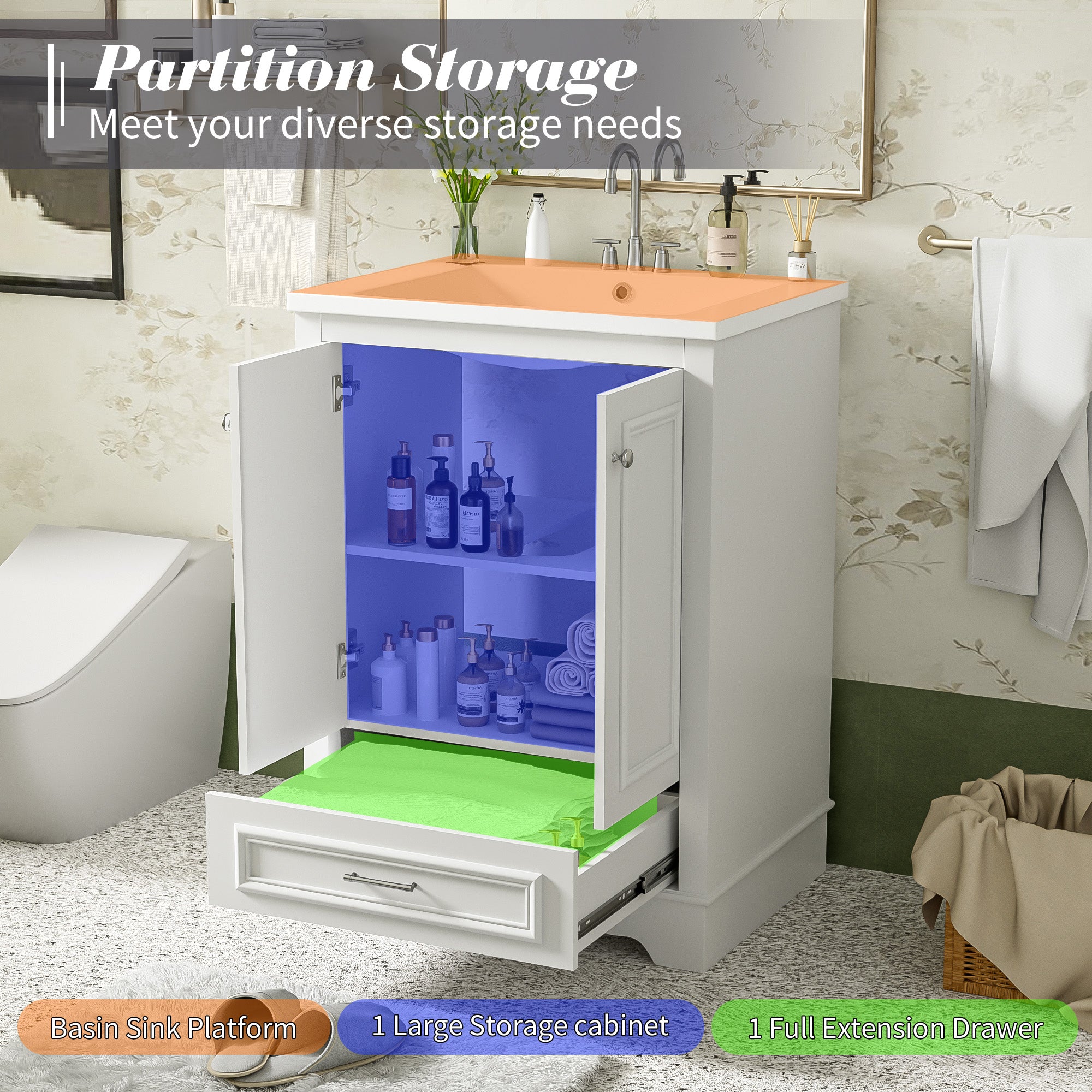 Modern freestanding bathroom vanity with ceramic sink, side profile view
