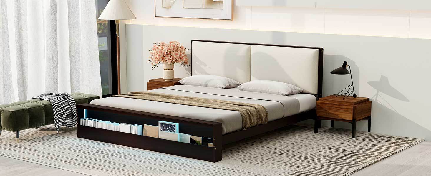 King Size Platform Bed Frame with Upholstery Headboard and Bookshelf in Footboard and LED Light Strips, Espresso