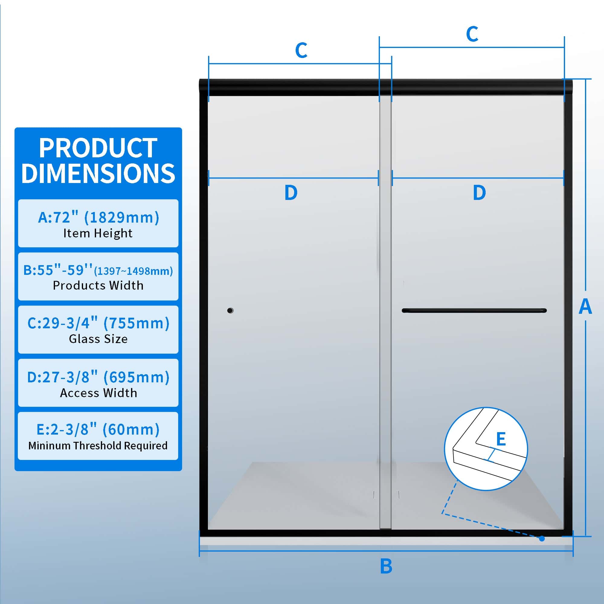 55-59" W × 72"H Double Sliding Semi-Frameless Shower Door With 1/4 inches (6mm) Clear Tempered Glass, Matte Black Finish