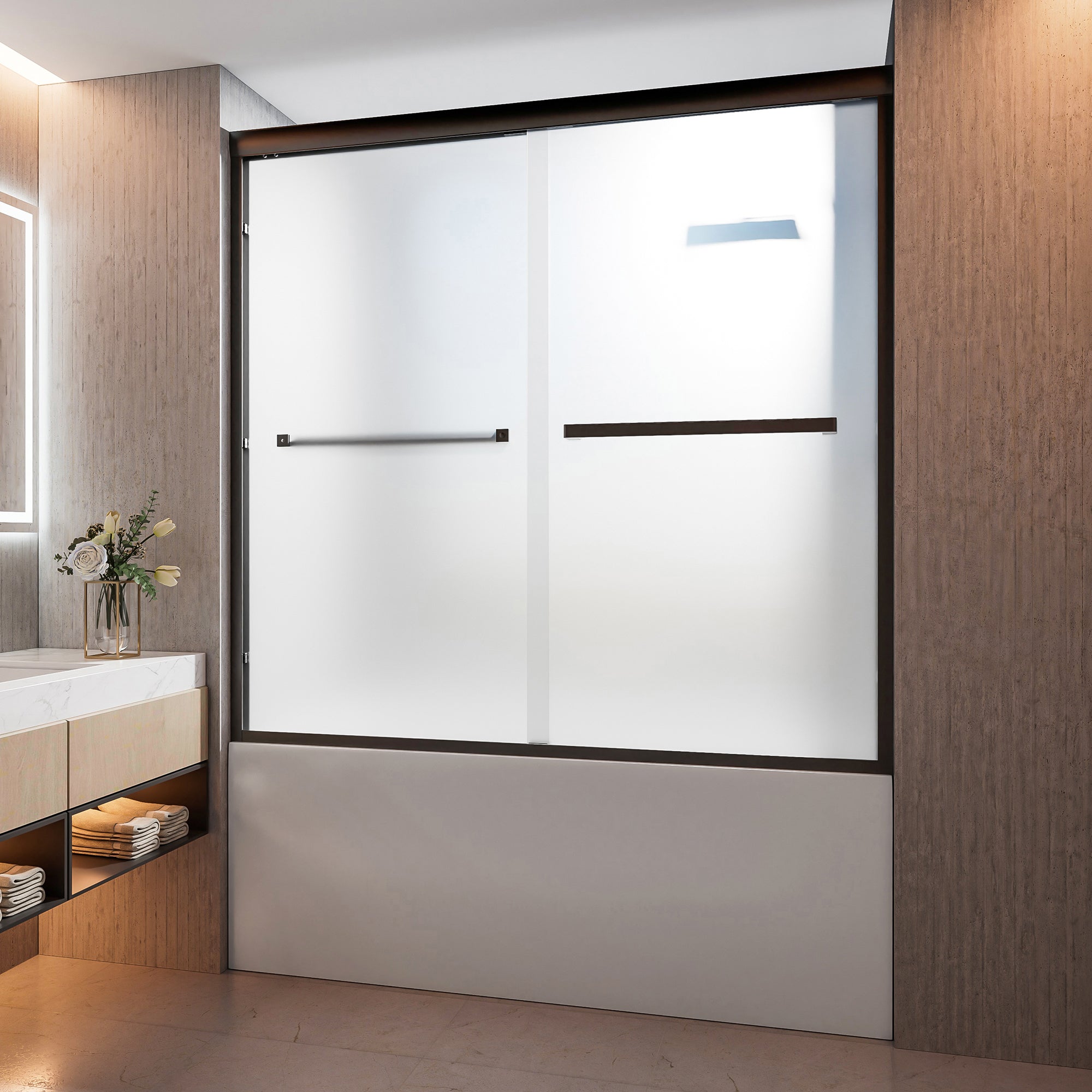 56-60 x 58 in Frosted Framed Sliding Tub Door - 56-60 x 58 in / Matte Black / Frosted Glass view 2