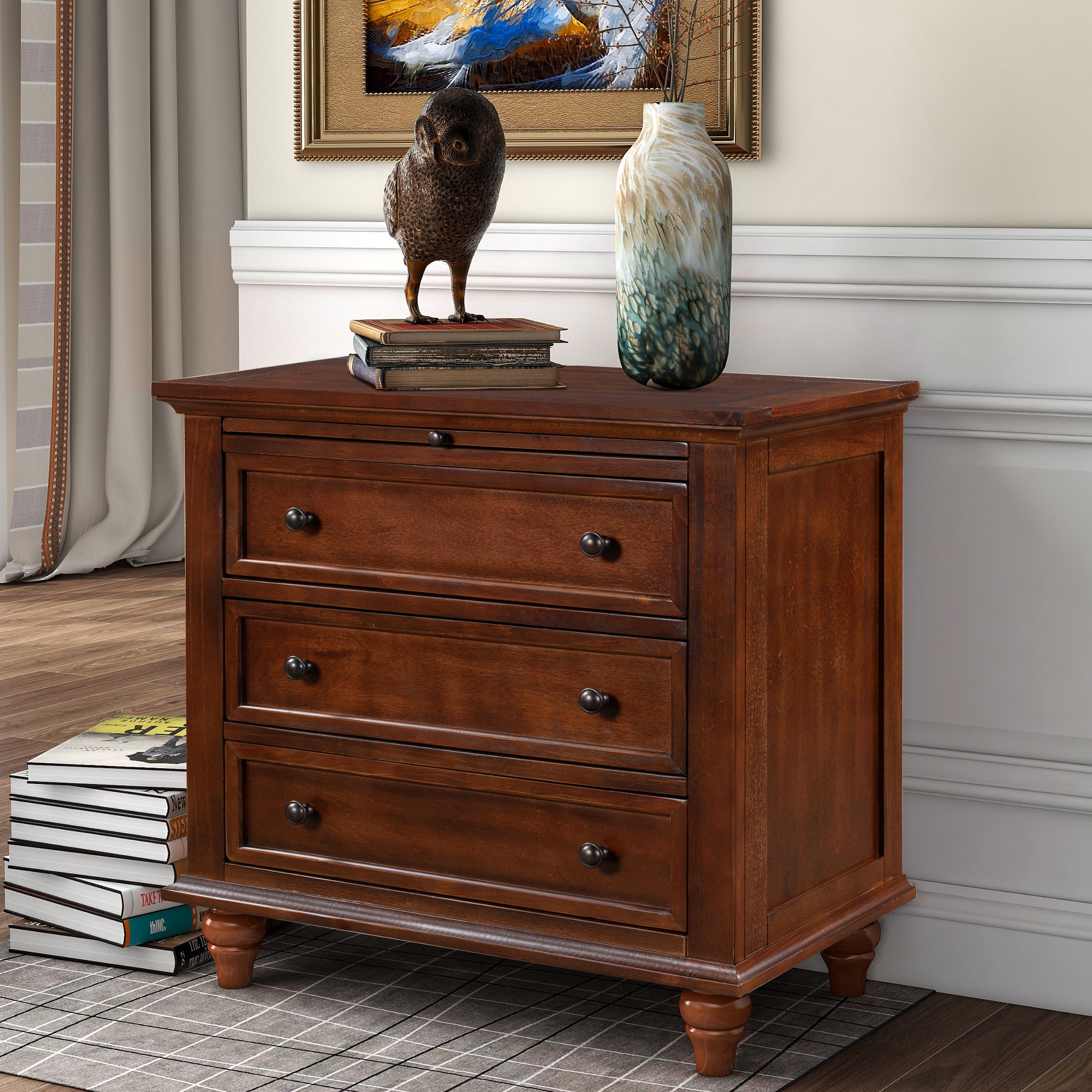 27.6 inch pine wood nightstand with metal handles, angled view