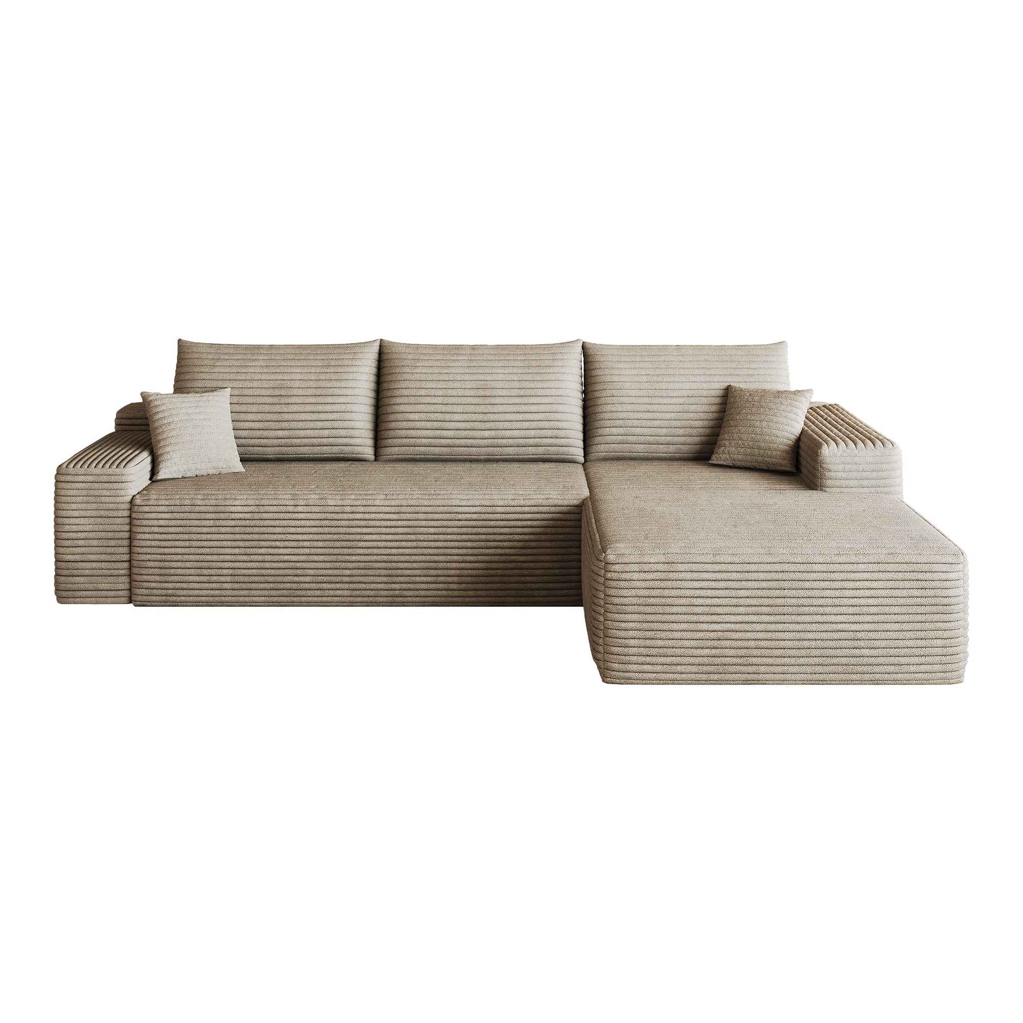 Camel corduroy sectional sofa fabric texture, close-up view