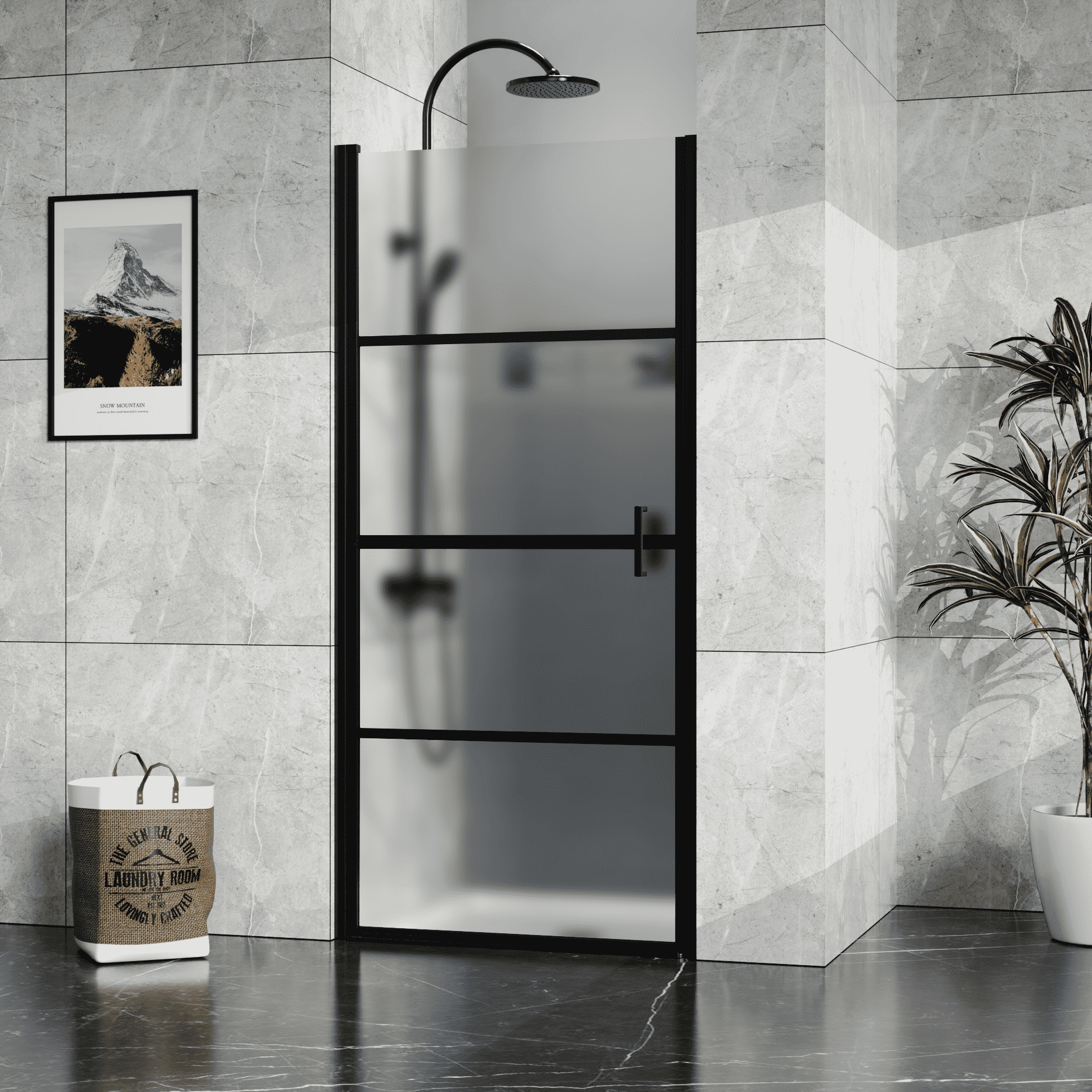 Goodyo Framed Hinged Shower Door, 34"W X 72"H Swing Tempered Glass Door, Black, Frosted