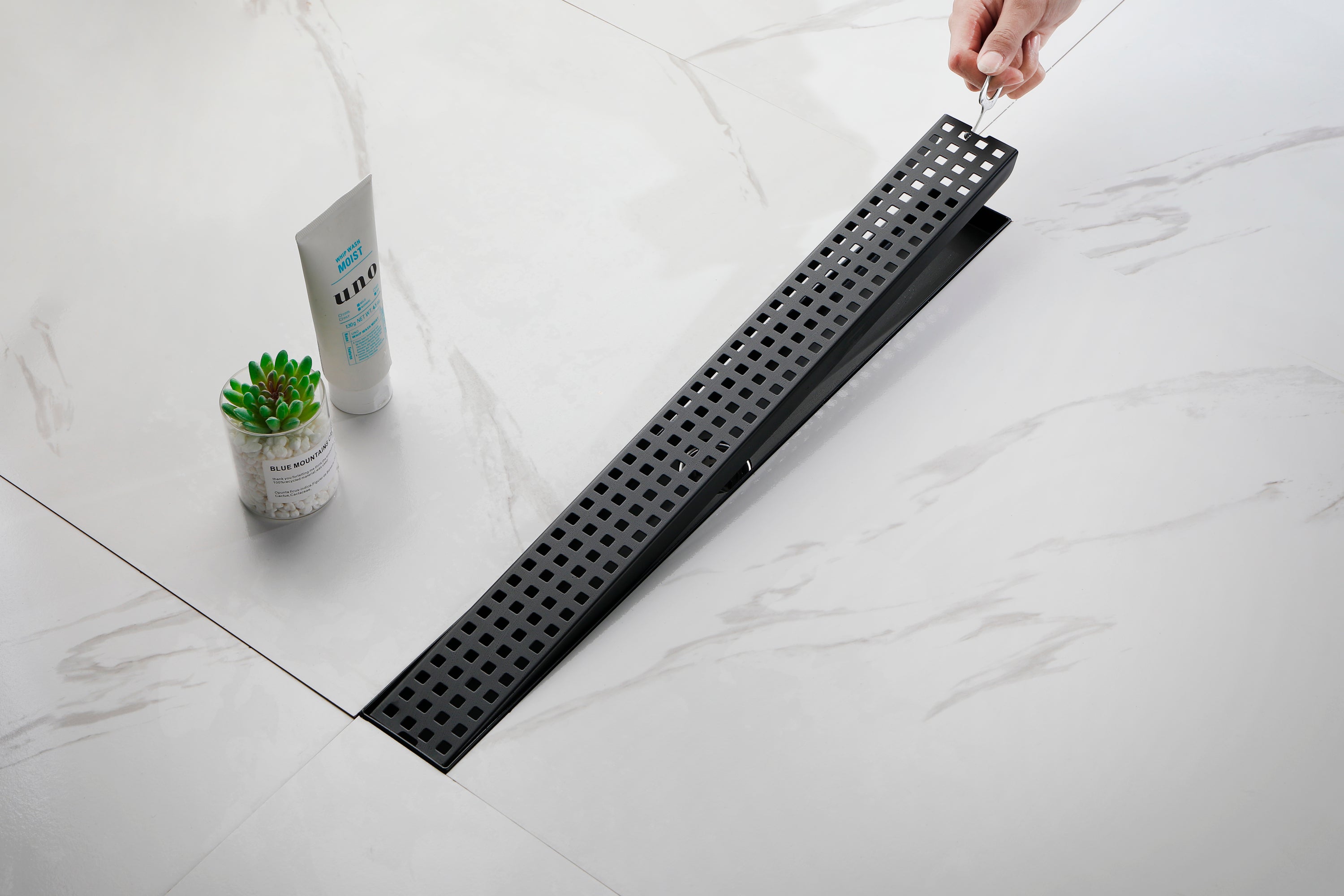 24 Inches Linear Shower Drain with Removable Quadrato Pattern Grate, 304 Stainless Shower Drain Included Hair Strainer and Leveling Feet, Flange