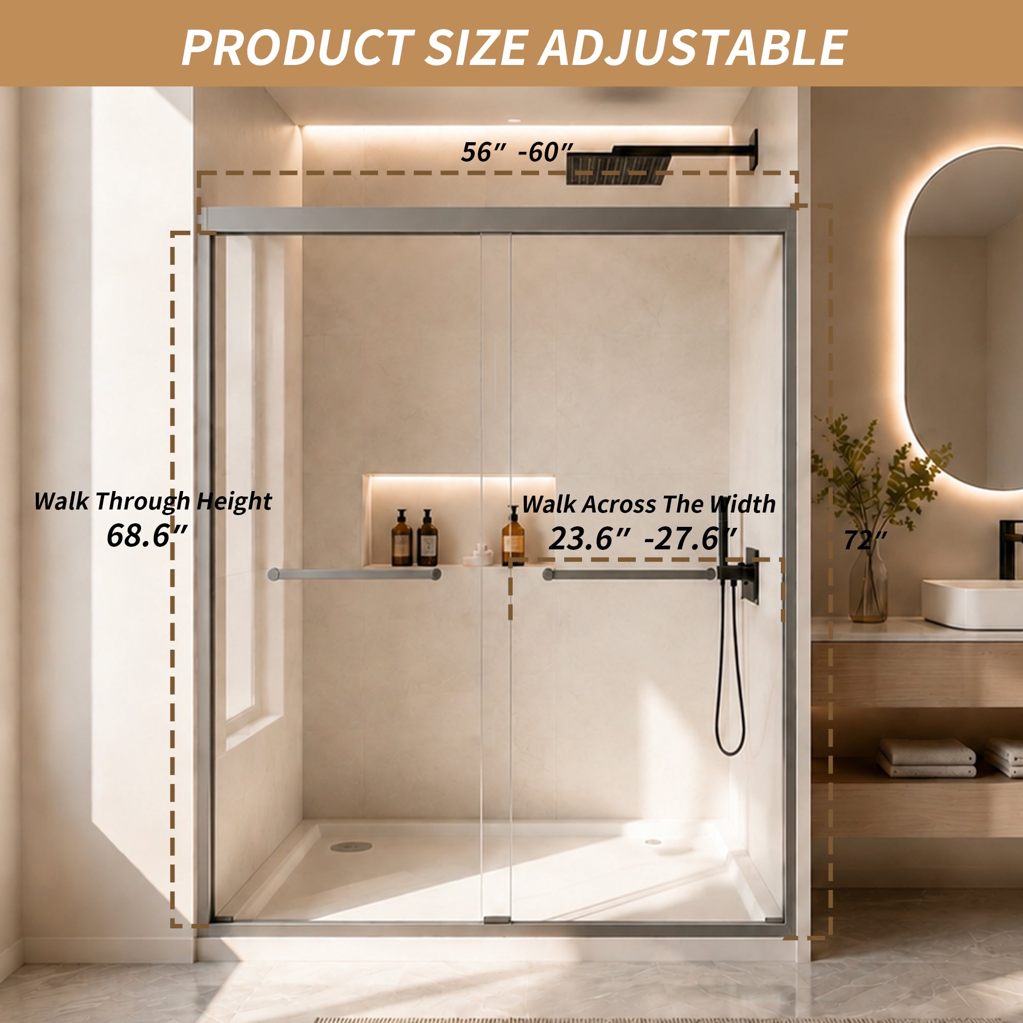 44-60 x 72 in Aluminum Frame Double Sliding Shower Door - 56-60 x 72 in / Gun Ash / 5/16 in Glass view 5