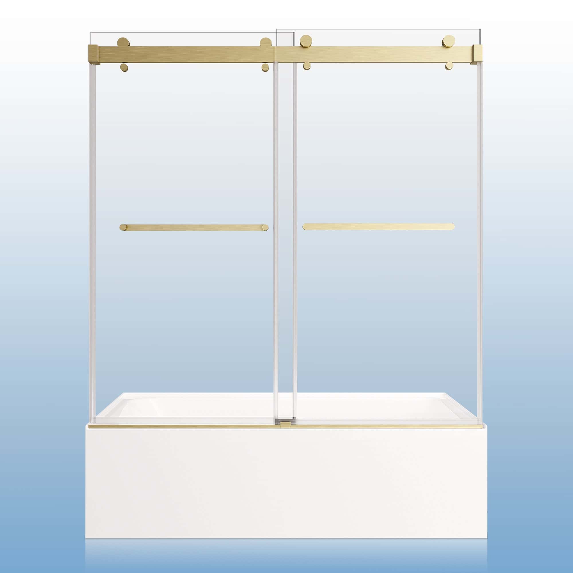 56-60"W × 66"H Double Sliding Frameless Bathtub Door With 3/8 inches (10mm) Clear Tempered Glass, Brushed Gold Finish