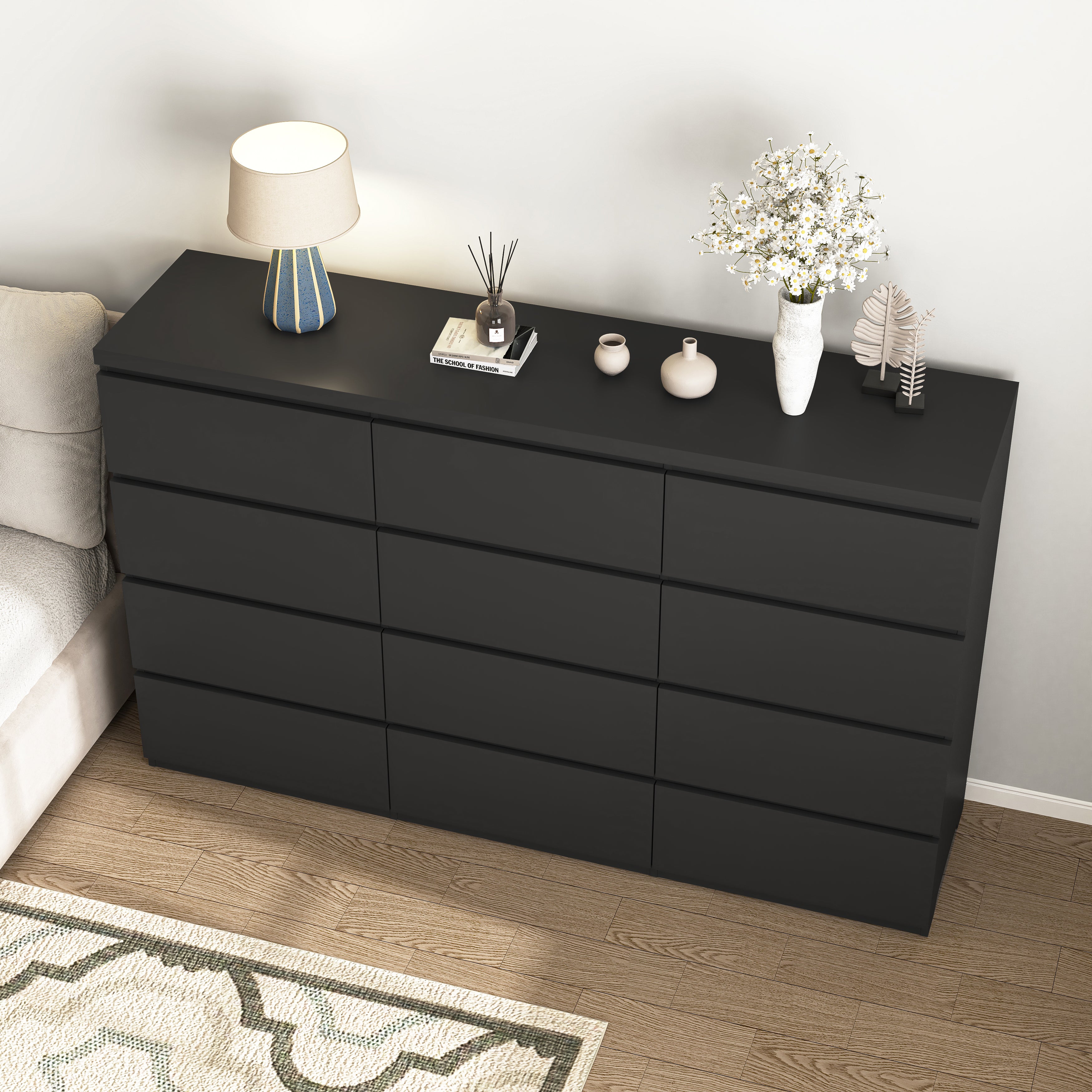Black modern wood chest of drawers, side profile view