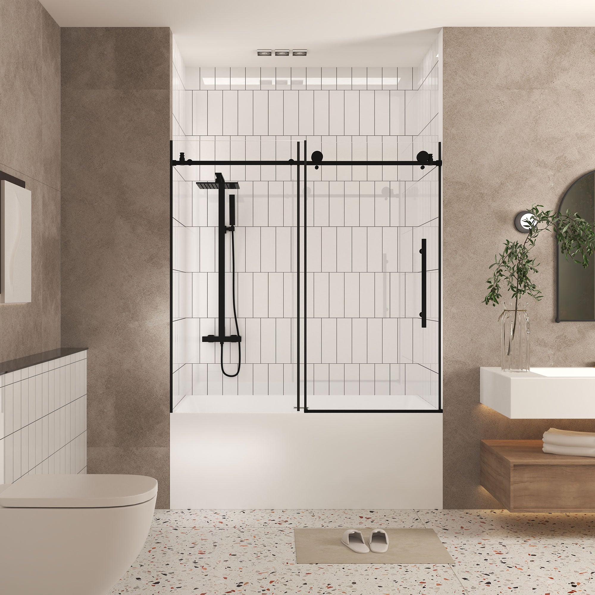 Frameless shower door 56-60 inch matte black stainless steel handle detail