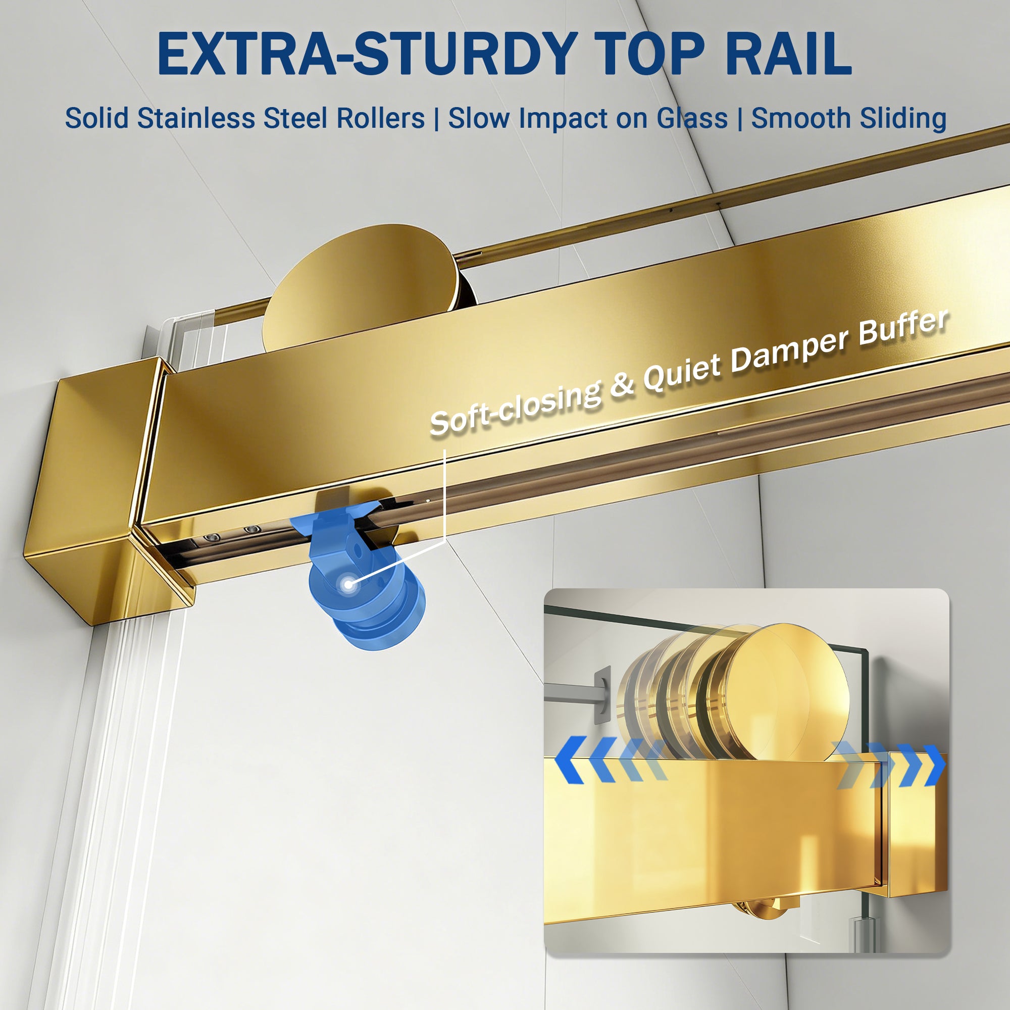 Frameless sliding shower door 56 to 60 inch gold finish hardware view