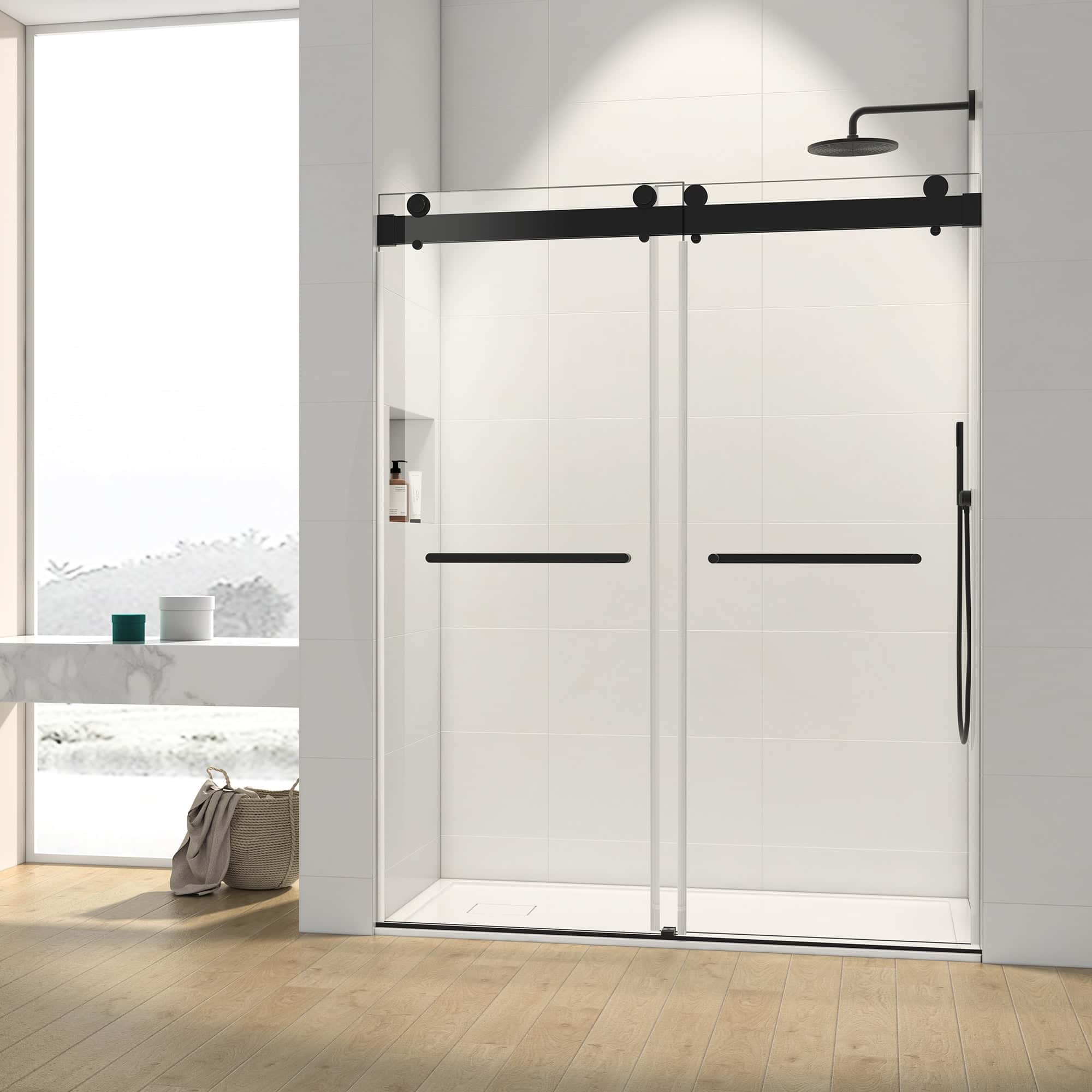 Frameless Soft-closing Shower Door, Double Sliding Shower Door, 44-48"W x 76"H 5/16" (8mm) Clear Tempered Glass Shower Door with Explosion-Proof Film, Matte Black 24D213-48MB