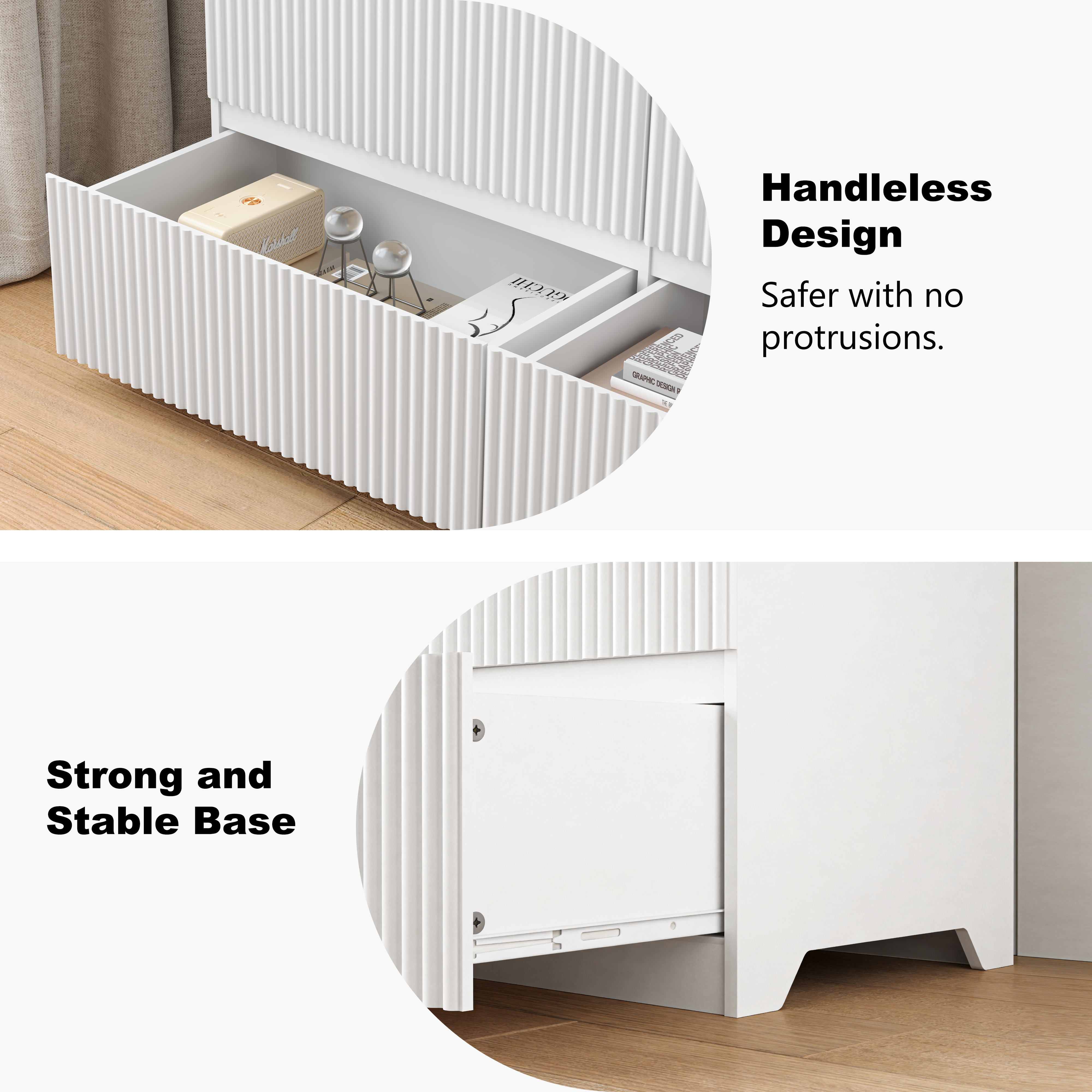 Modern white 6-drawer dresser, drawers open detail