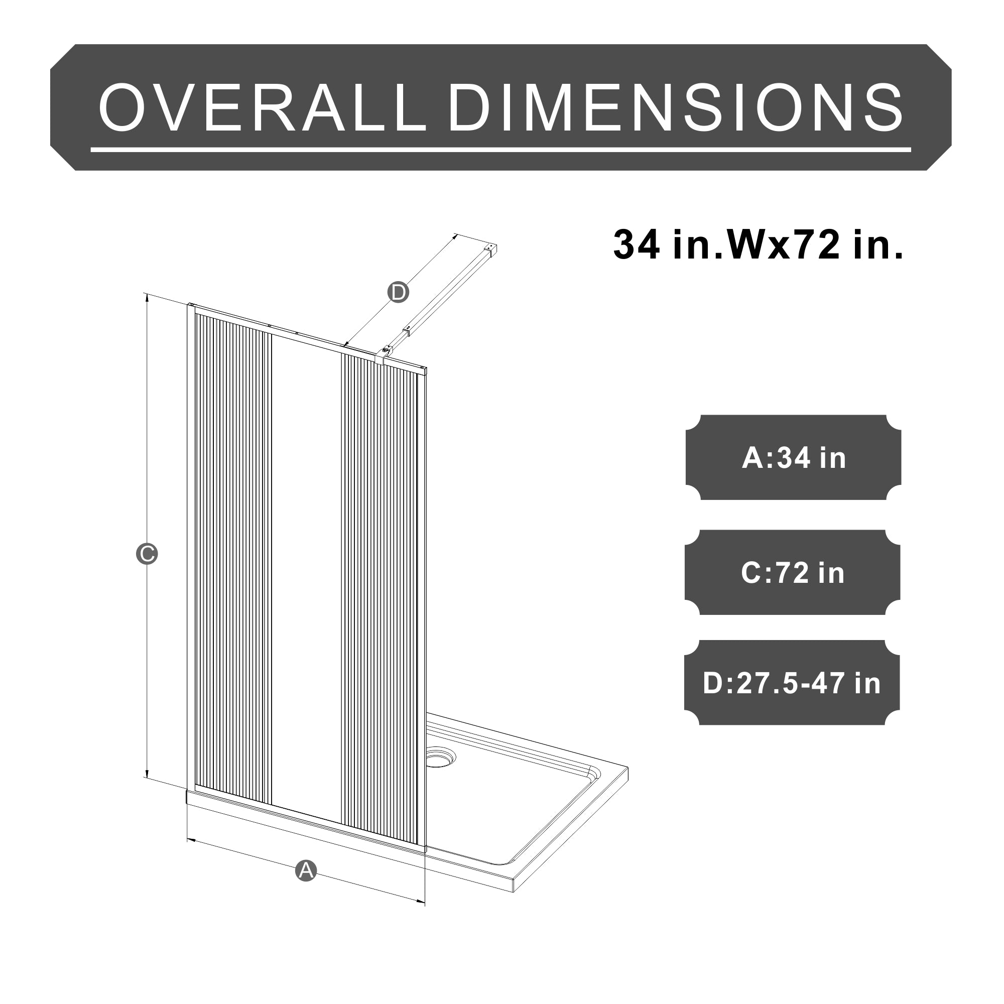 34-46 x 72 in Mirror & Fluted Fixed Shower Panel - 34 x 72 in / Matte Black view 2