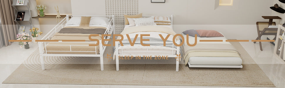 White twin metal triple bunk bed, angled side view