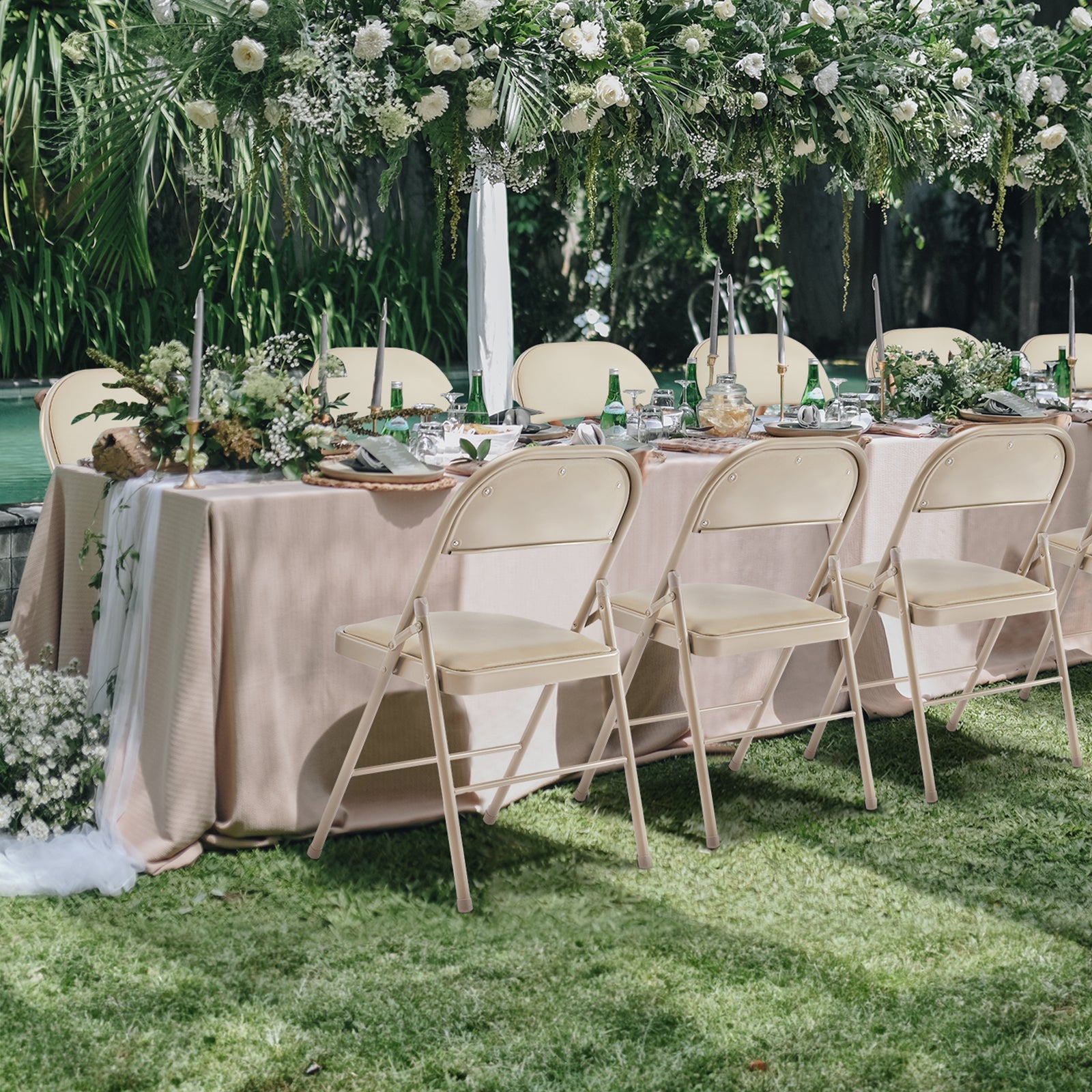 Folding Chair 2 Pack, Leather Padded Folding Chairs, Sturdy Metal Foldable Chairs, for Home, Office, Party, khaki 2 Pack