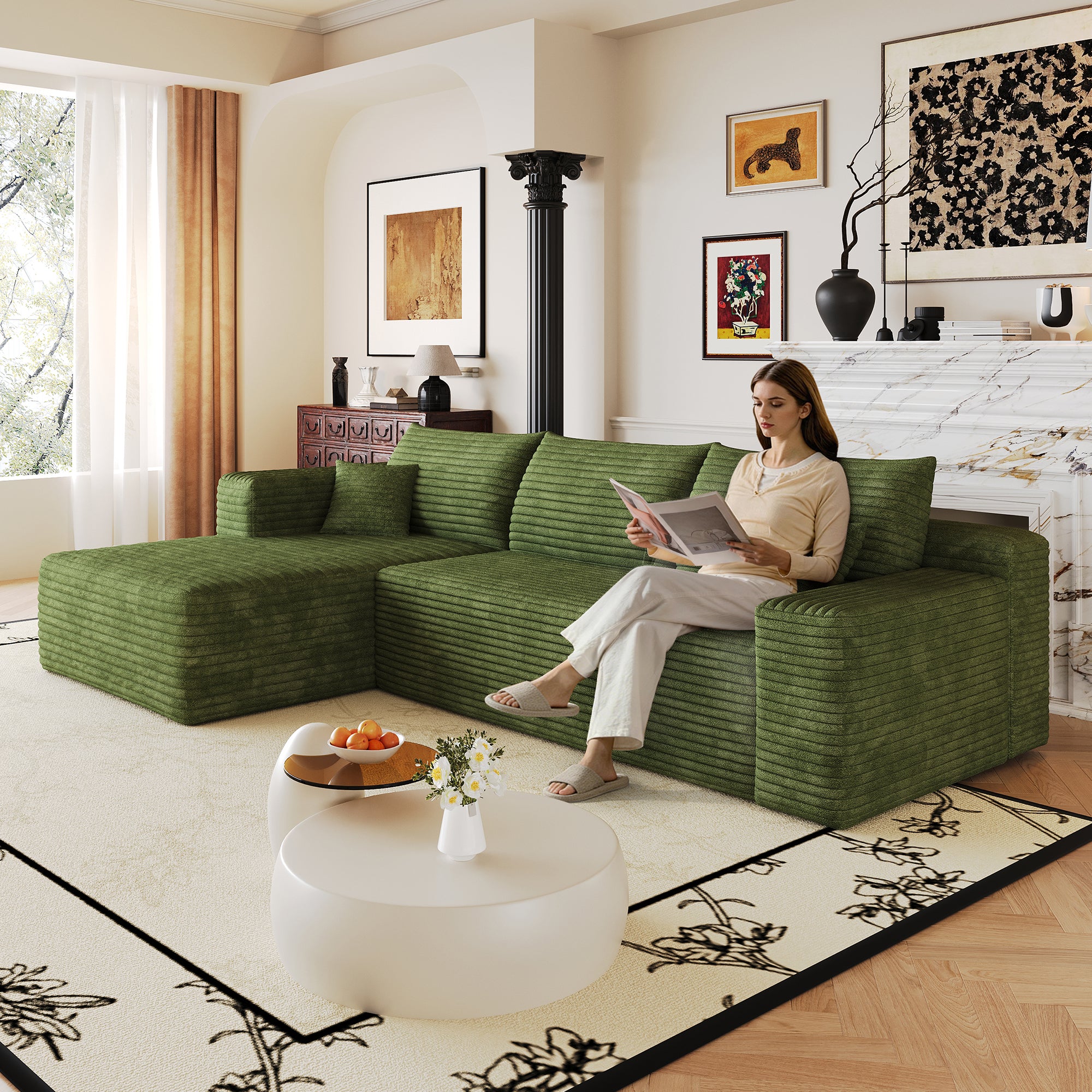 Green corduroy deep-seat sectional sofa, angled view