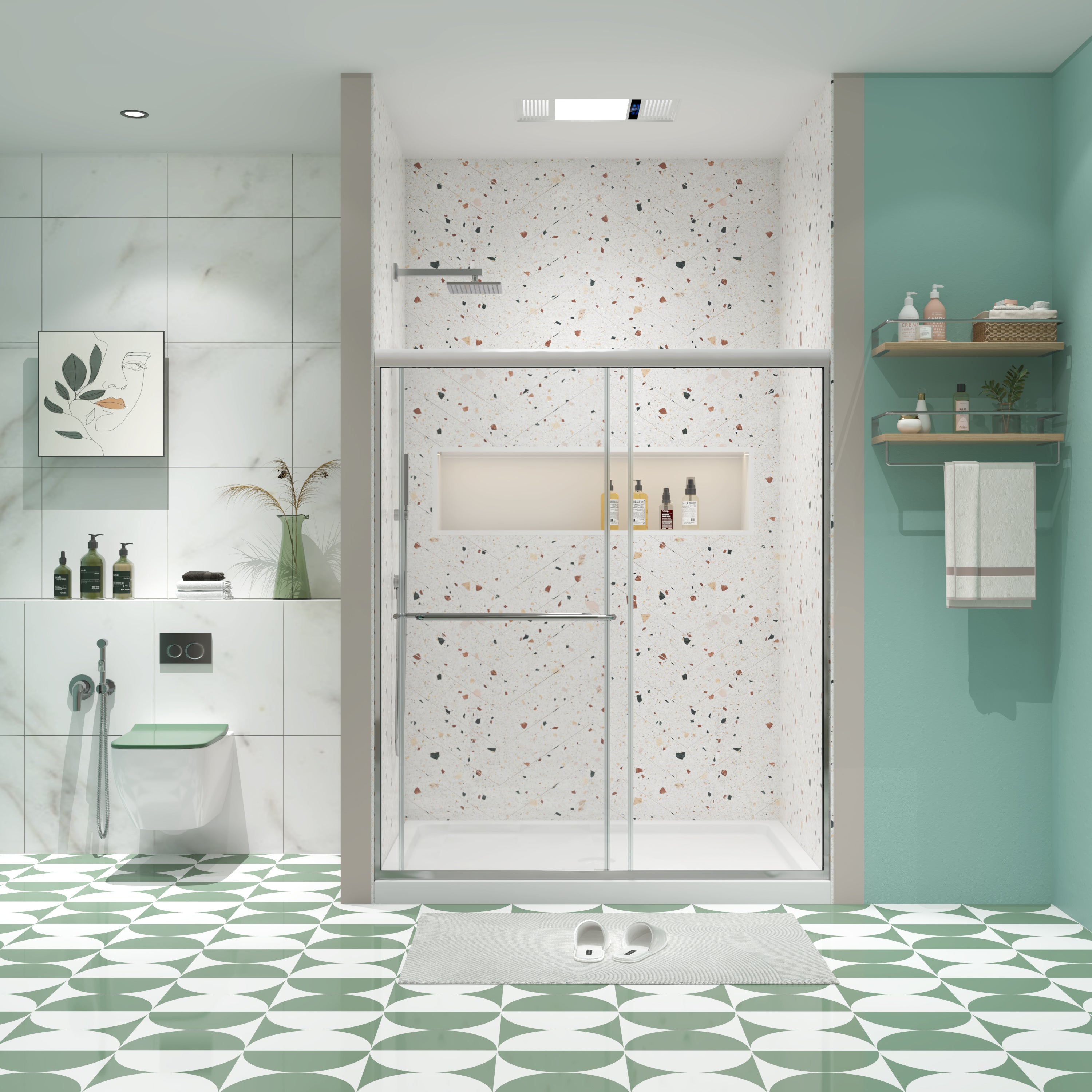 Chrome bypass shower door installed bathroom view