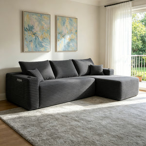 108 inch grey plush modular sectional sofa with right-facing L-shape chaise, front view