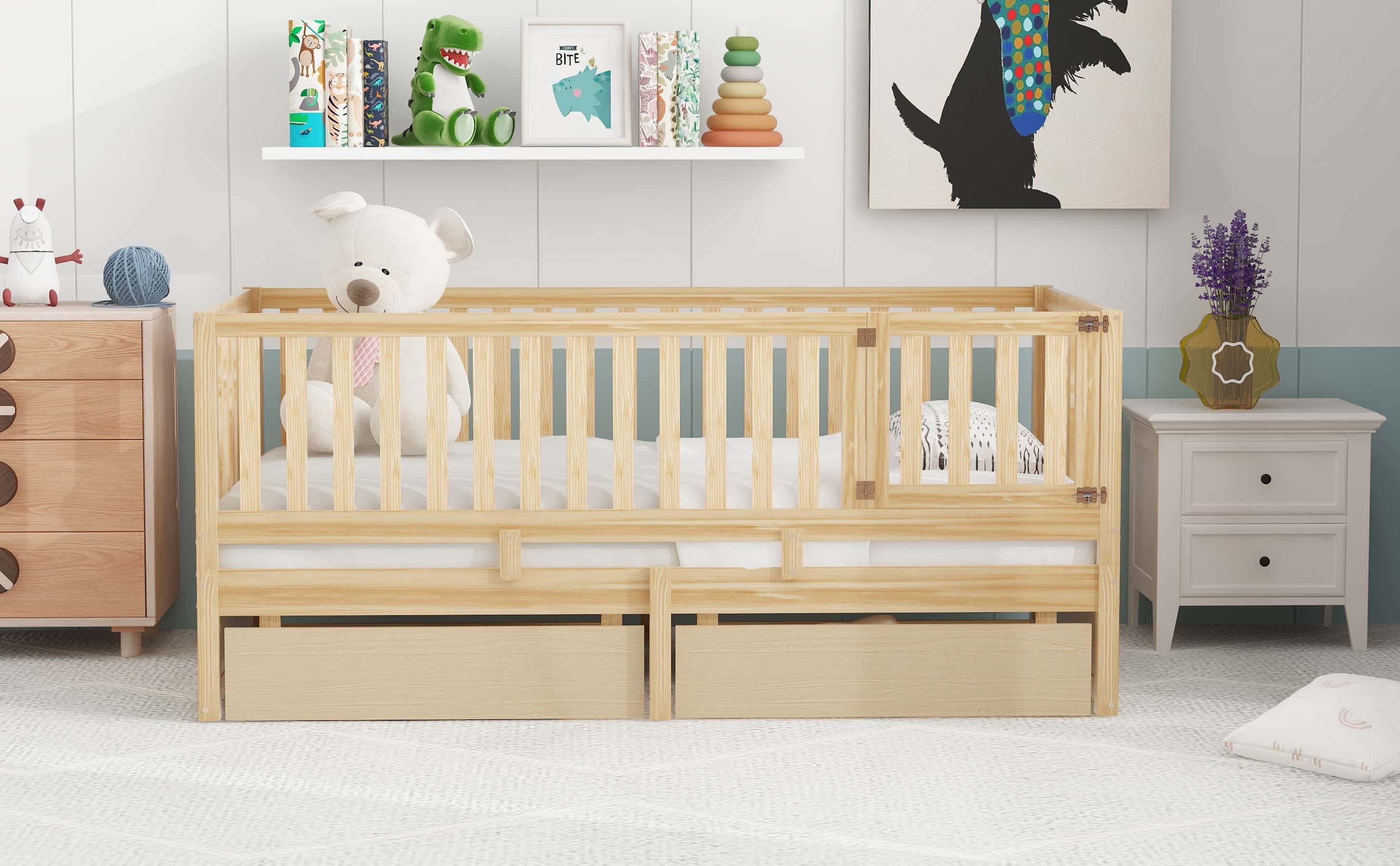 Twin Size Wood Daybed with Fence Guardrails and 2 Drawers, Split into Independent Floor Bed & Daybed, Natural(OLD SKU :LP000881AAN)
