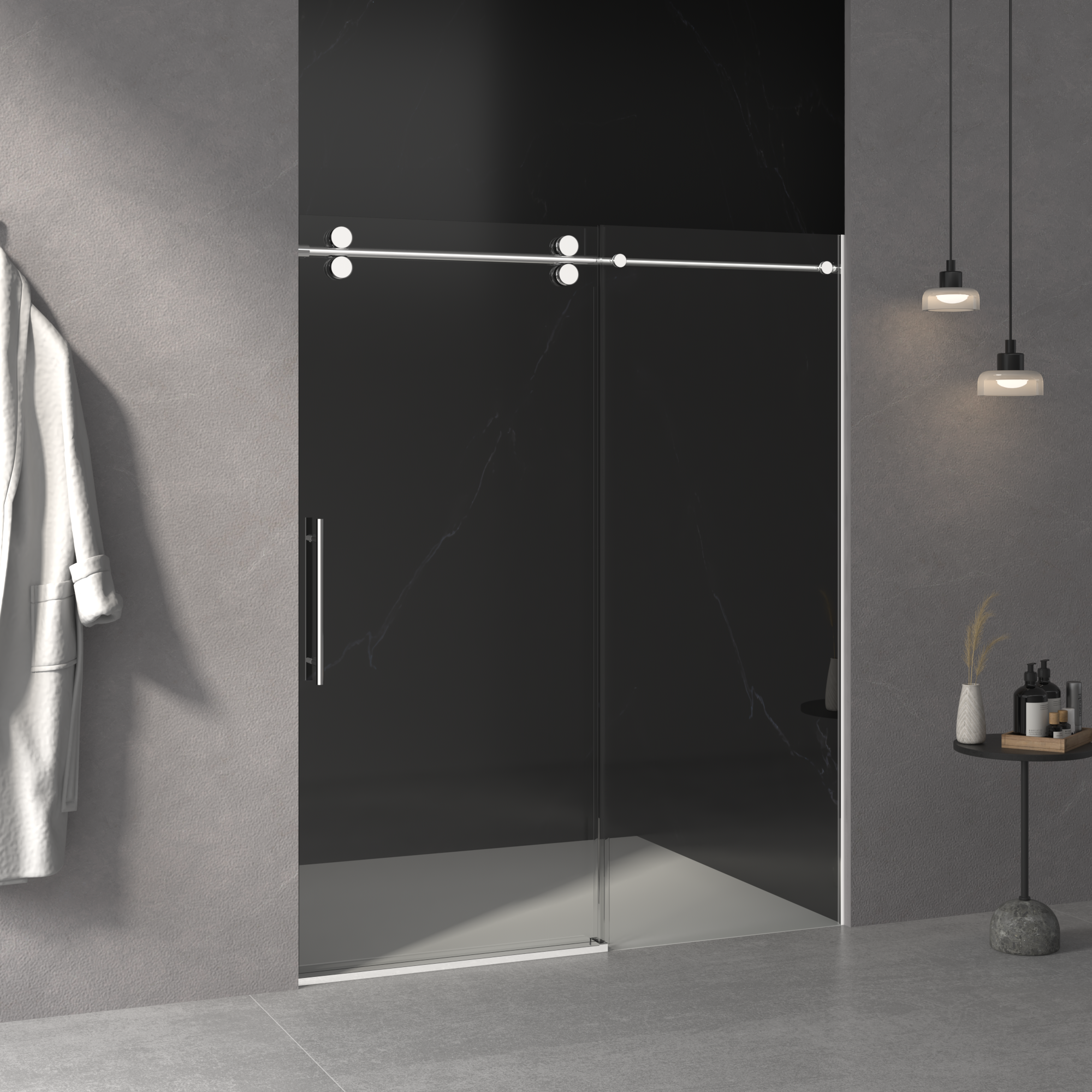 Frameless sliding shower door 56-60 inch chrome angled view