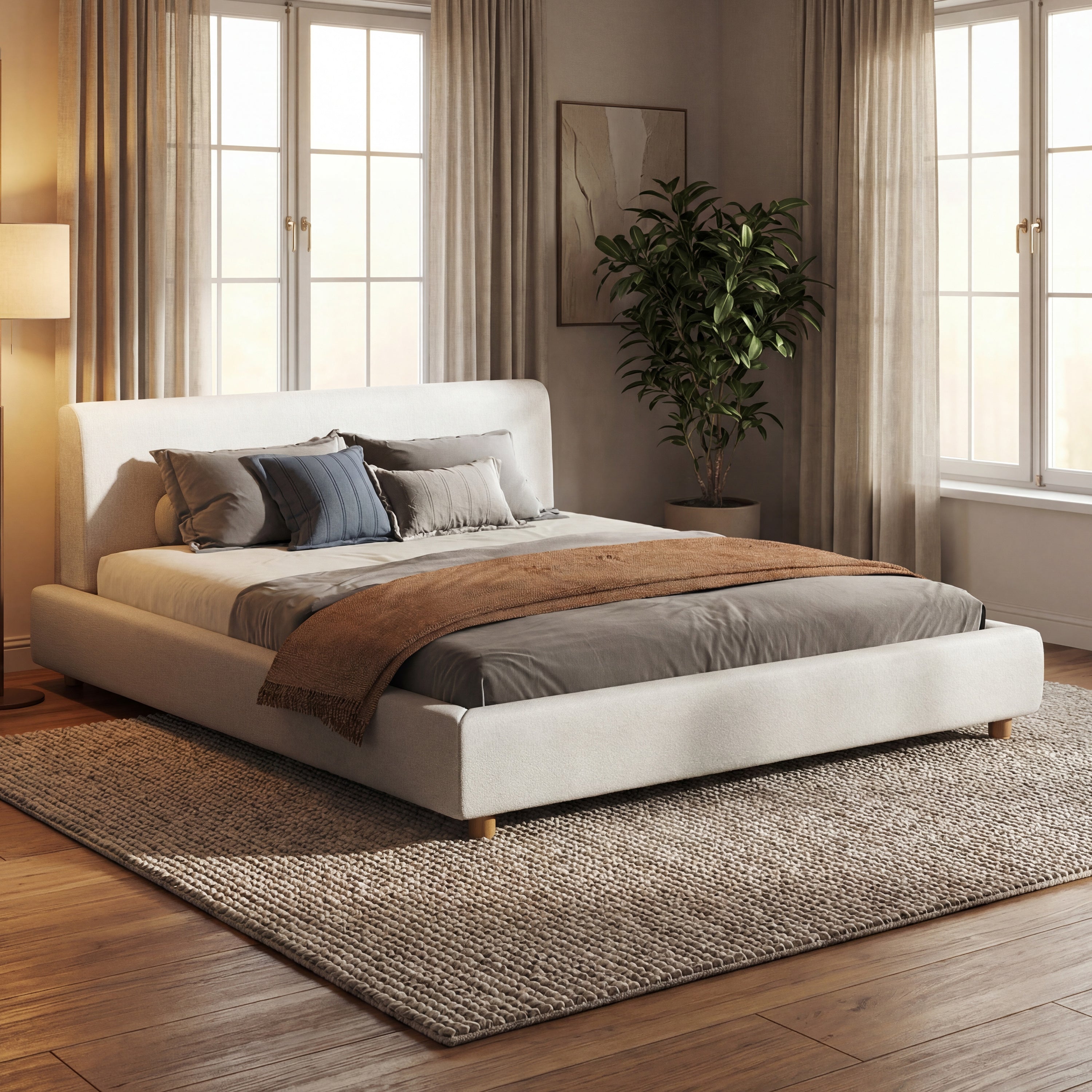 White boucle upholstered headboard close-up, soft fabric texture detail