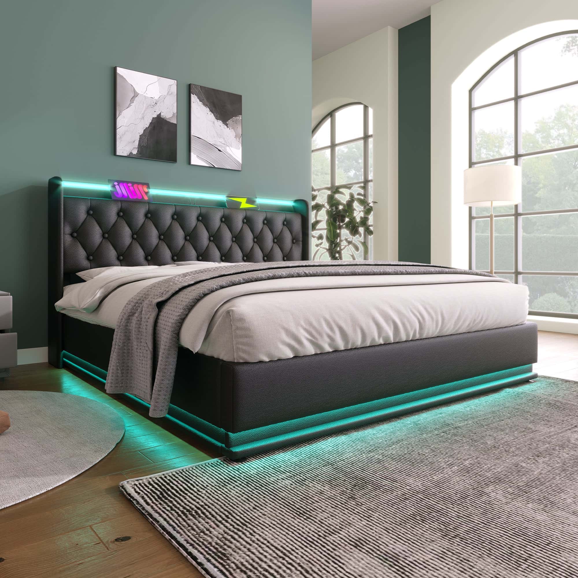 Queen size Upholstered bed, 360 surround LED function, Buttons/Apps/Remote Control, hydraulic storage bed with USB Type-C charging, Black,PU (Without mattress)