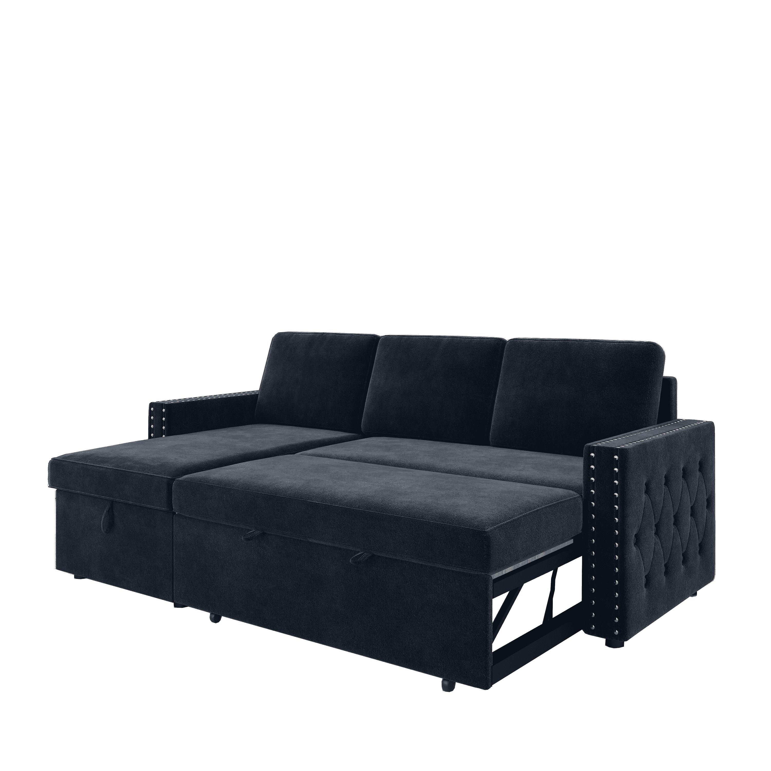 85 Inches Sofa Bed, 3 Seater Sleeper Sofa with Storage Chaise, Square Handrail With Pull and Copper nail,Chenille, Pull Out Couch for Living Room