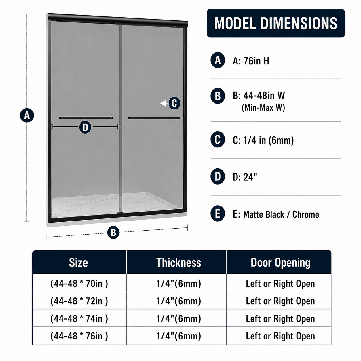 44-48 x 76 in Framed Double Sliding Gray Shower Door - 44-48 x 76 in / Matte Black / Gray Glass view 2