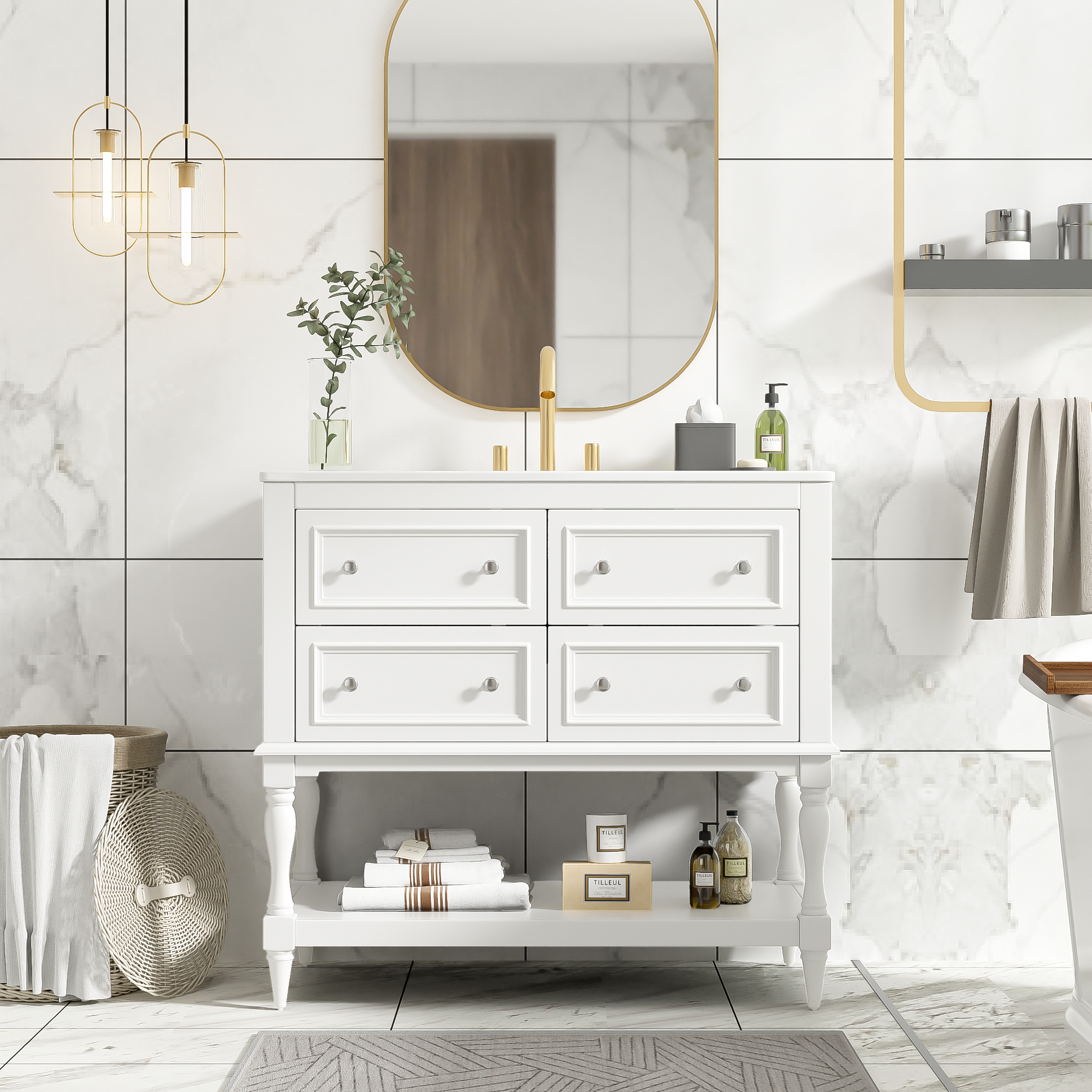 White freestanding vanity with undermount sink, drawers open detail