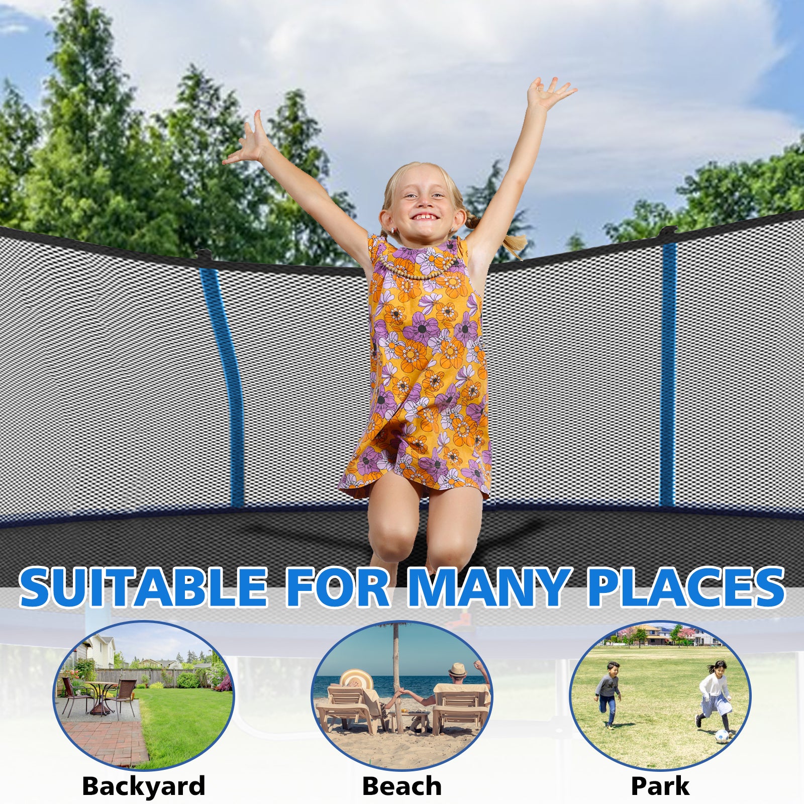 8ft Blue Outdoor Toddler Trampoline with Enclosure Safety Net Jumping Fun Trampoline, heavy-duty jump pads, spring-loaded for children and adults, Gifts for Boys/Girls