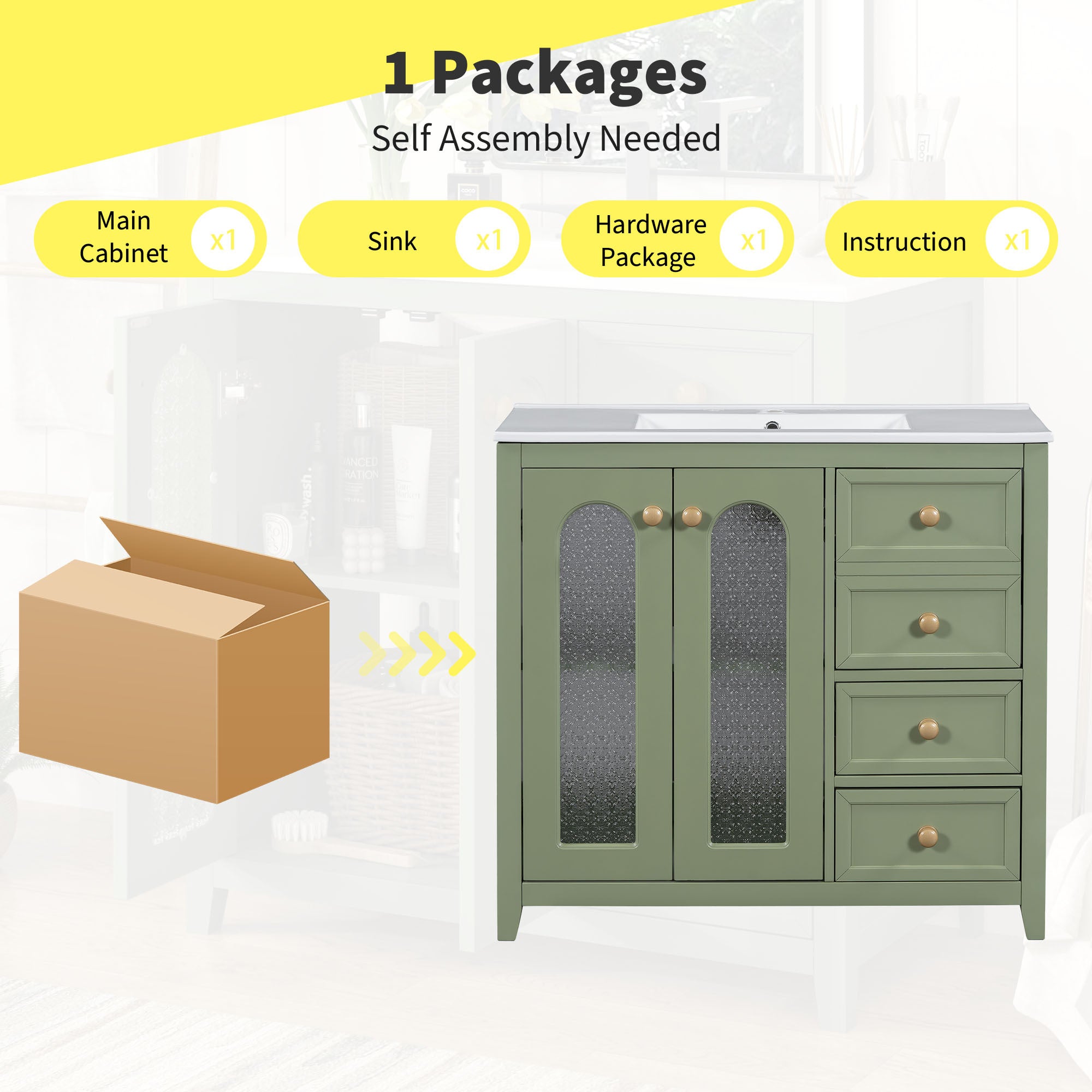 36-inch bathroom vanity with two soft close doors, adjustable shelves and three drawers