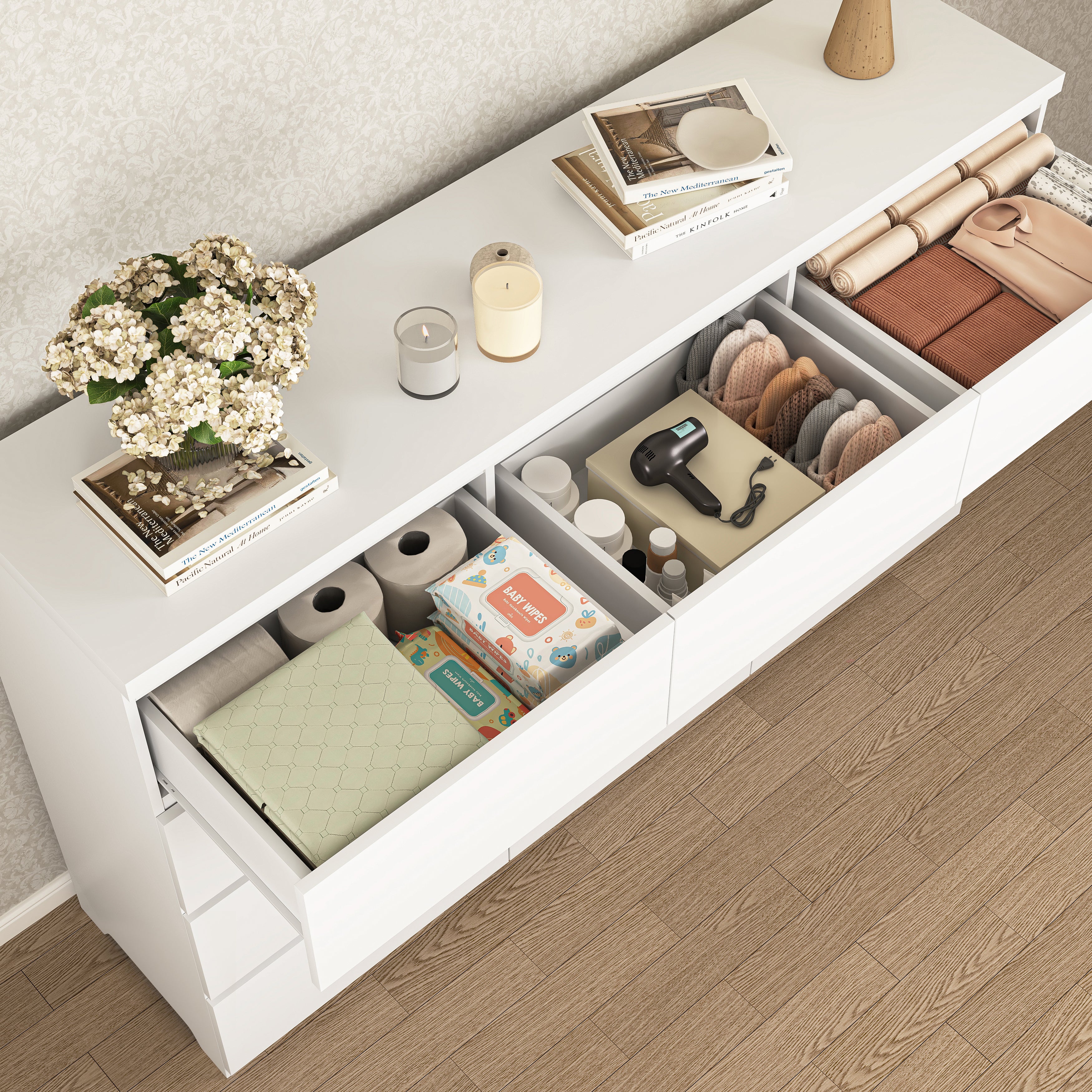 12-drawer white dresser with drawers open, storage detail