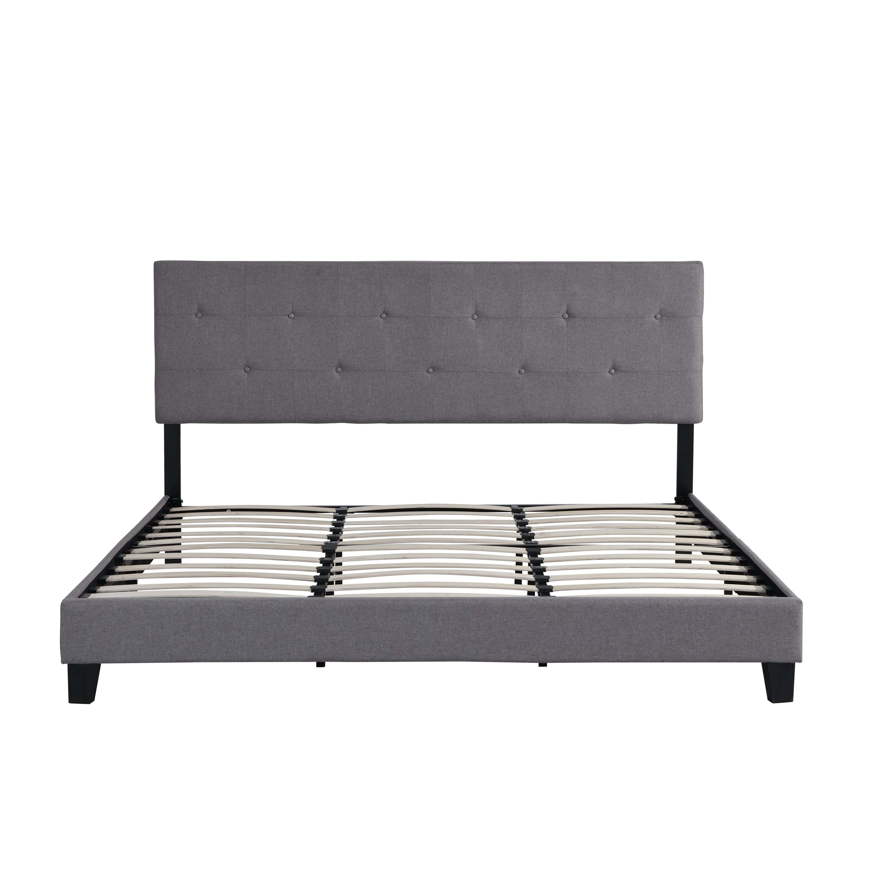King Size Upholstered Platform Bed Frame with Button Tufted Linen Fabric Headboard, No Box Spring Needed, Wood Slat Support, Easy Assembly, Gray
