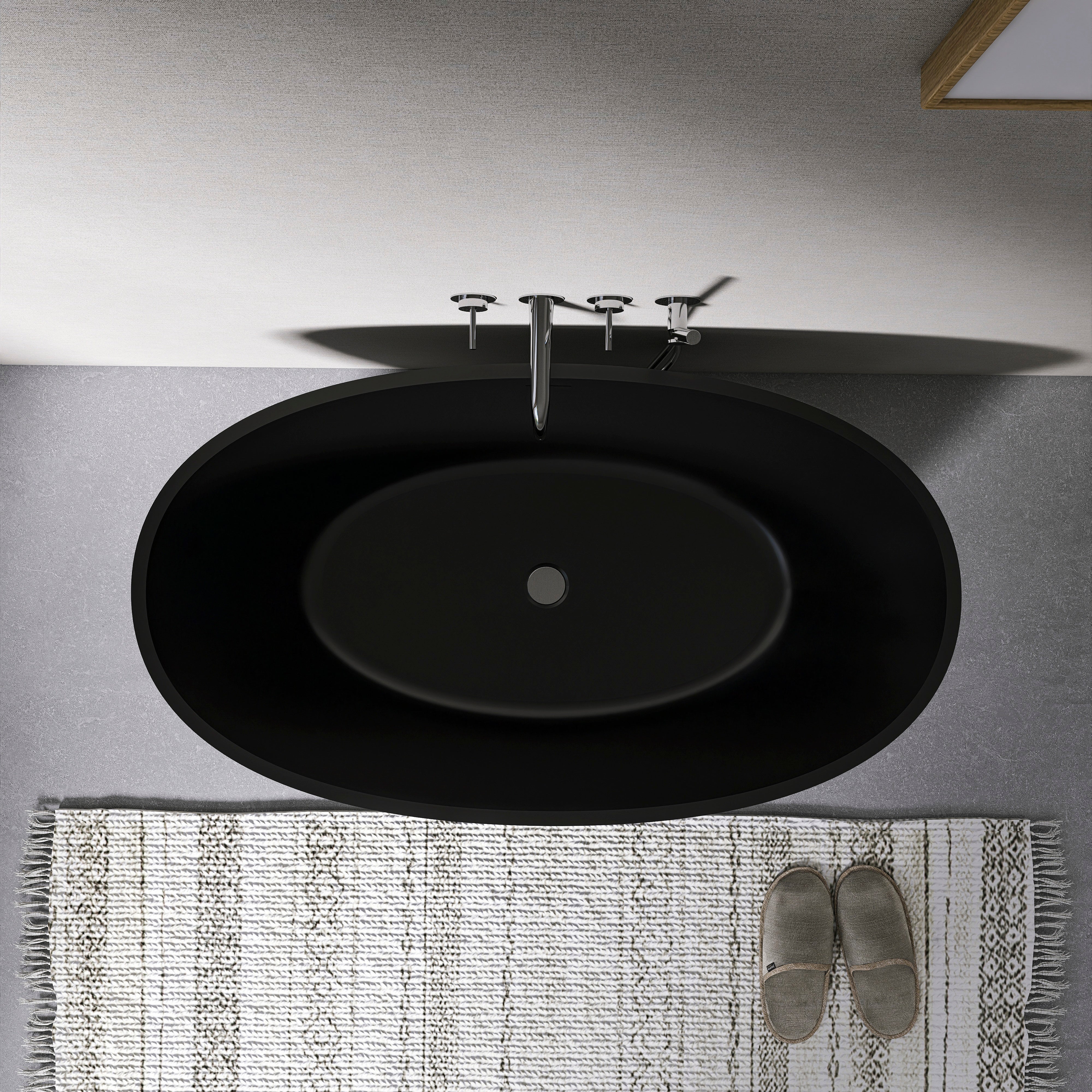 Freestanding solid surface soaking bathtub, interior basin view