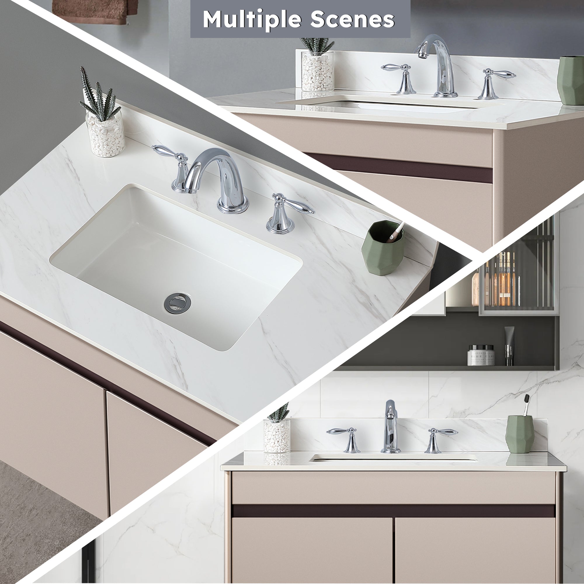 37 Inch Marble Vanity Top, White Vanity Top with Pre-drilled Faucet Holes, Bathroom Vanity Top with Undermount Rectangular Middle Sink and 4" Height Backsplash,  Bianco Carrara Venato