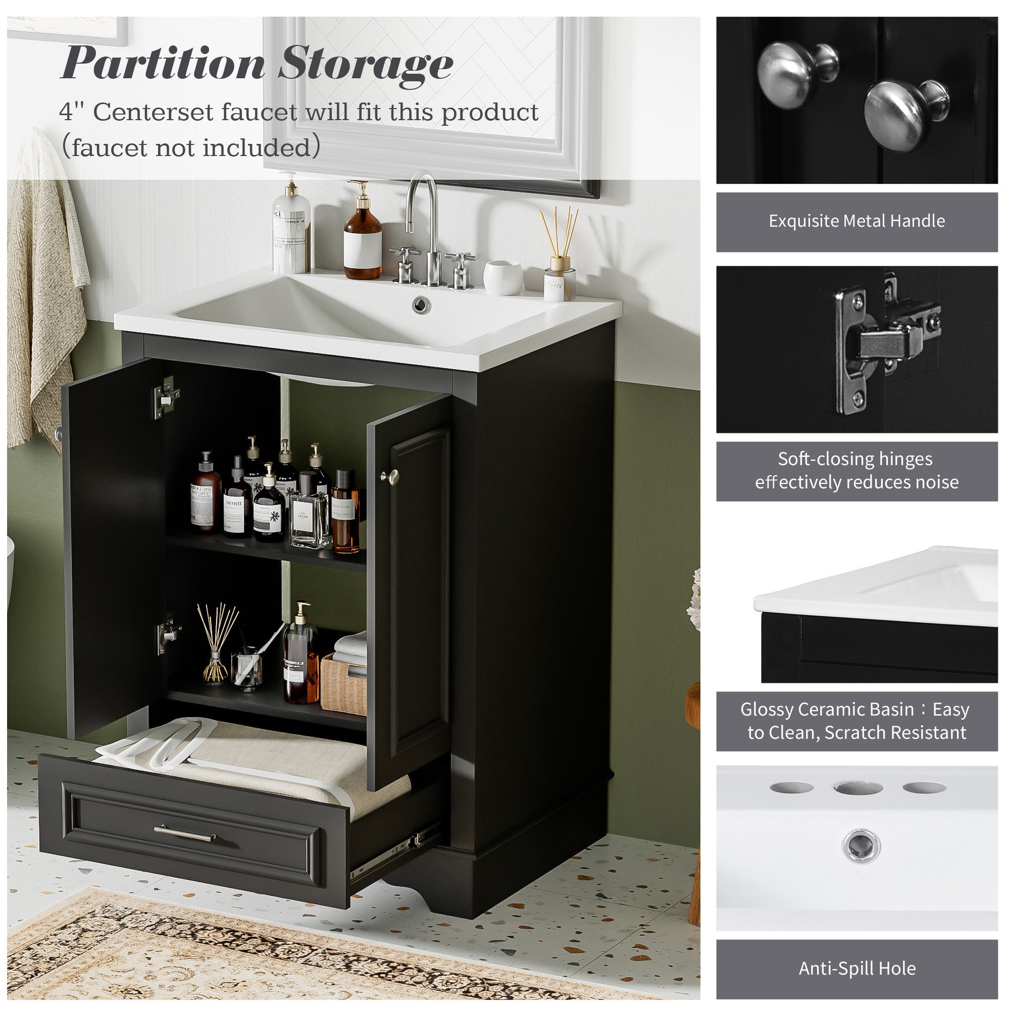 24 inch freestanding ceramic sink vanity, styled bathroom setting