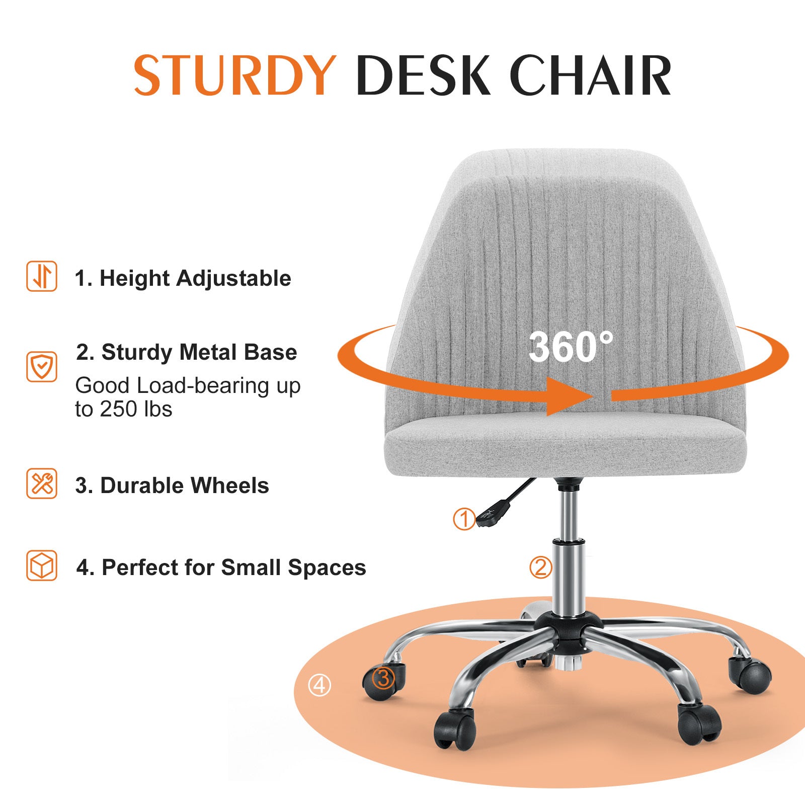 Sweetcrispy Armless Home Office Desk Chair with Wheels Adjustable Swivel Task Computer Vanity Chair for Small Spaces