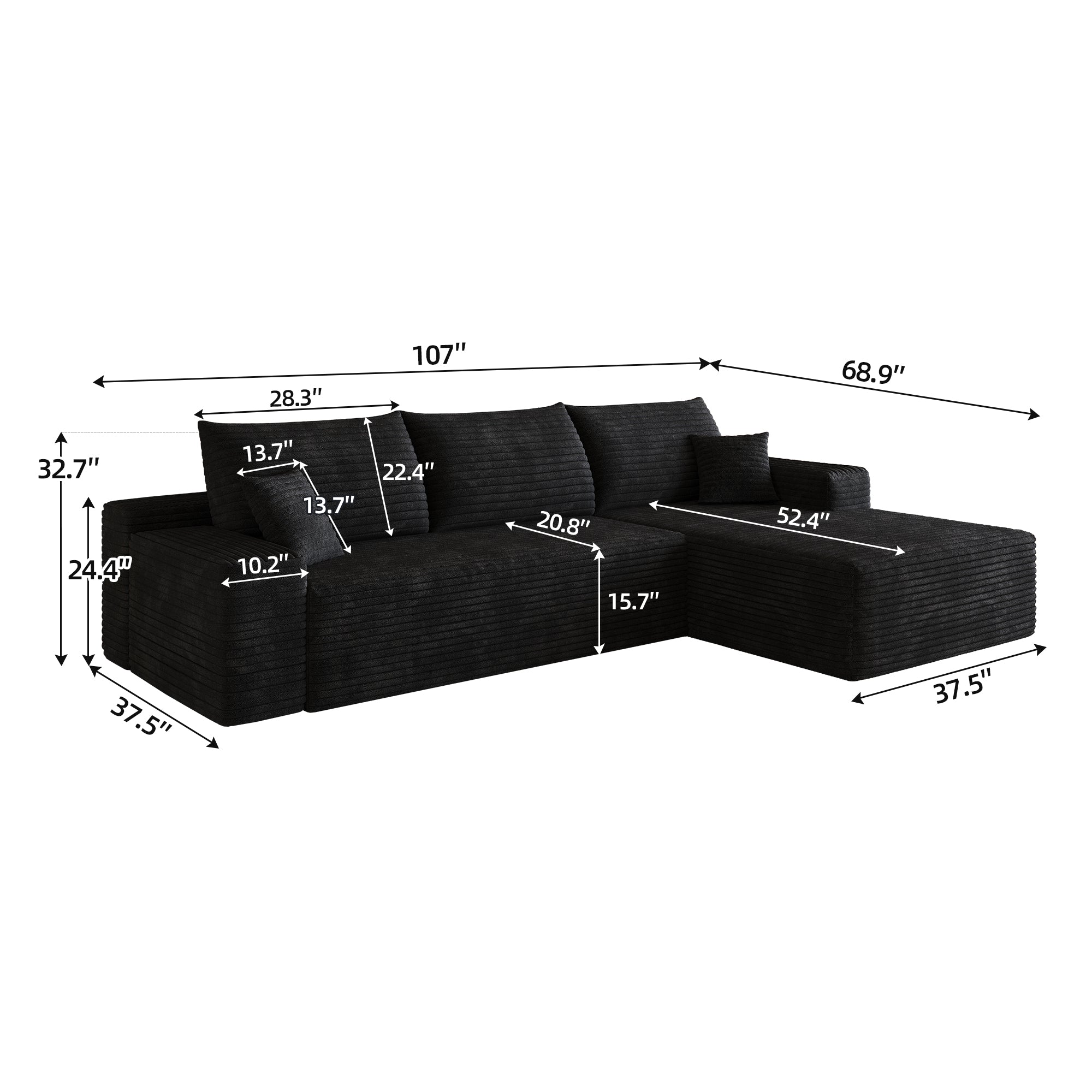 Black corduroy modular sectional sofa, chaise detail view