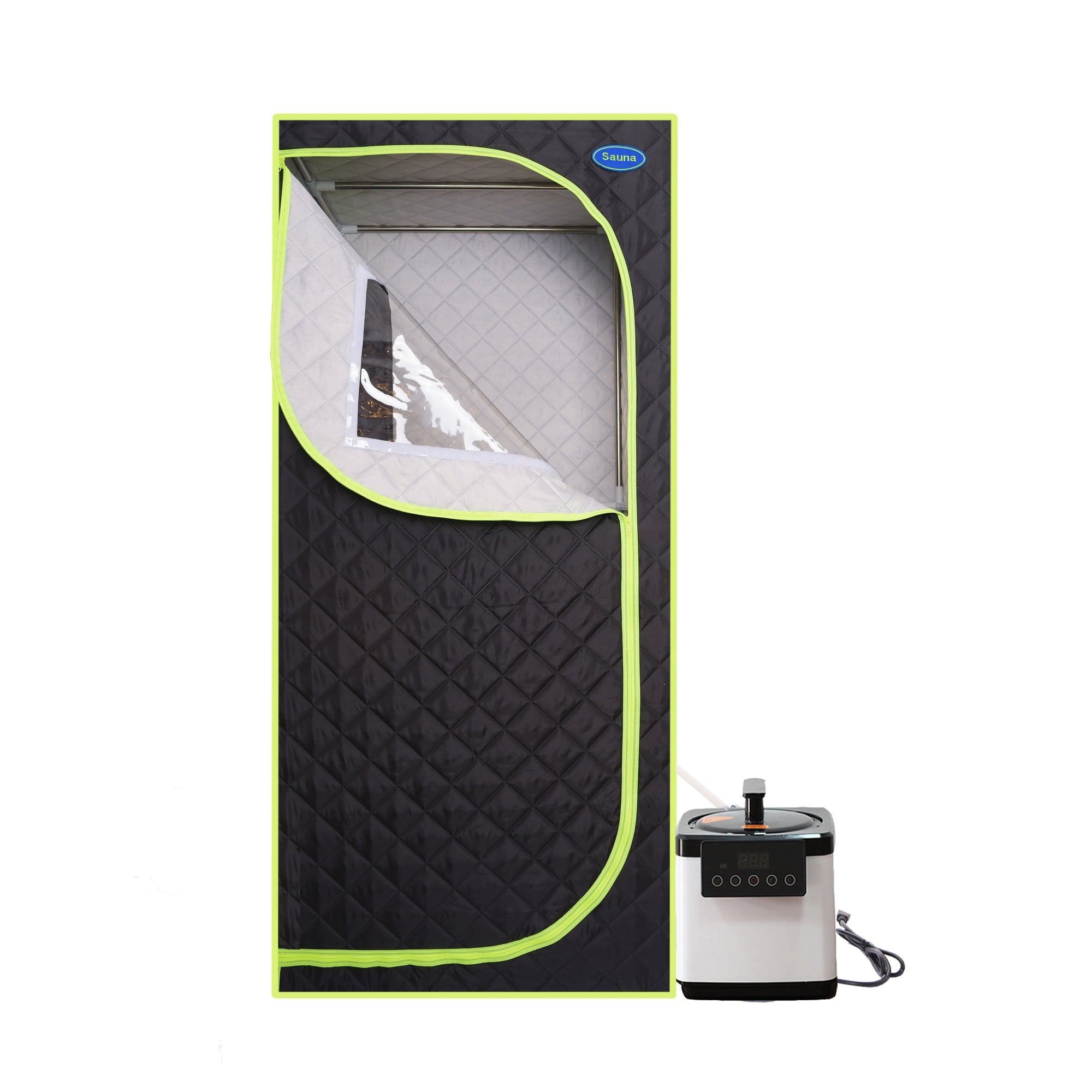 Portable Plus Type Full Size Steam Sauna tent. Spa, Detox ,Therapy and Relaxation at home.Larger Space,Stainless Steel Pipes Connector Easy to Install, with FCC Certification--Black(Green binding)