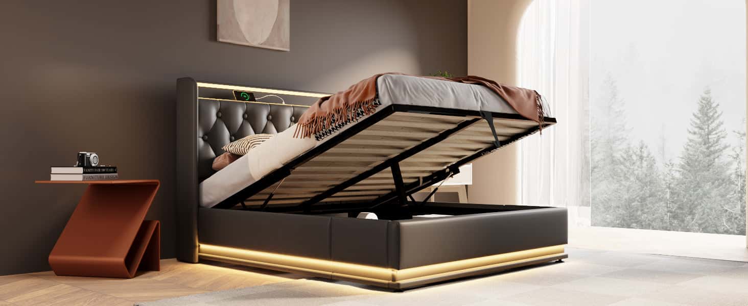 Queen size Upholstered bed, 360 surround LED function, Buttons/Apps/Remote Control, hydraulic storage bed with USB Type-C charging, Black,PU (Without mattress)