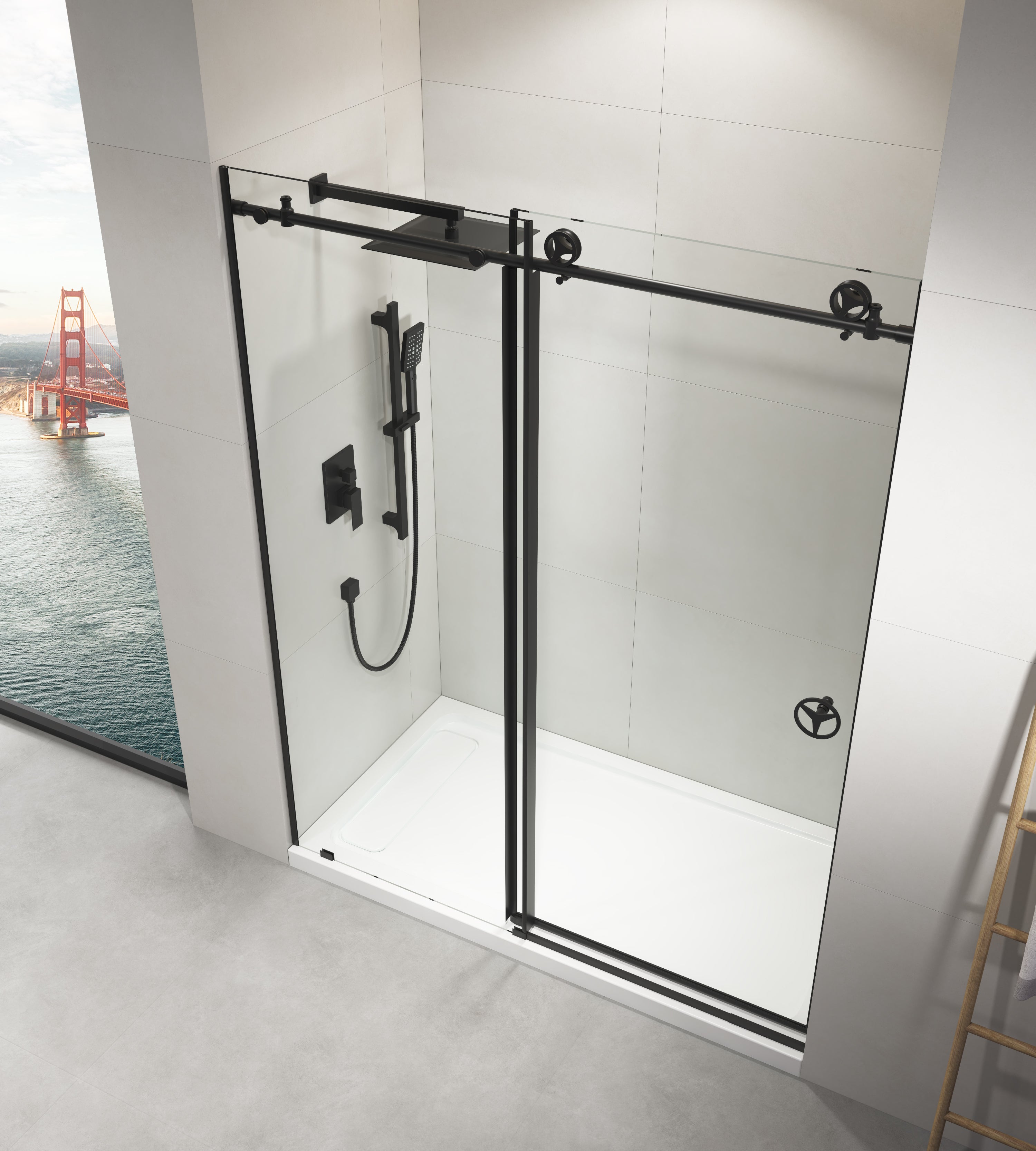 Frameless sliding shower door matte black 60x76 clear glass, hardware detail