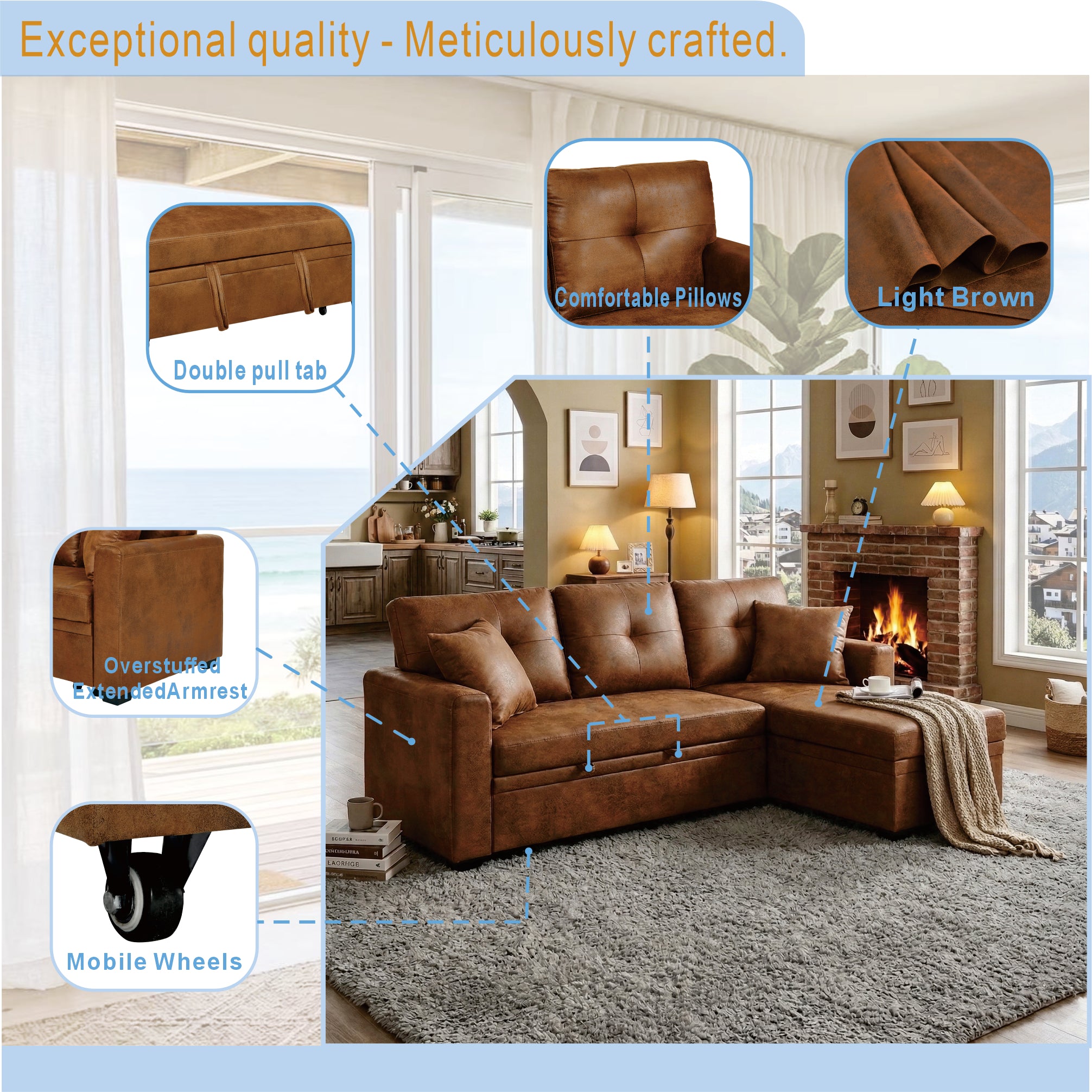 Light brown fabric L-shaped sectional sofa detail view