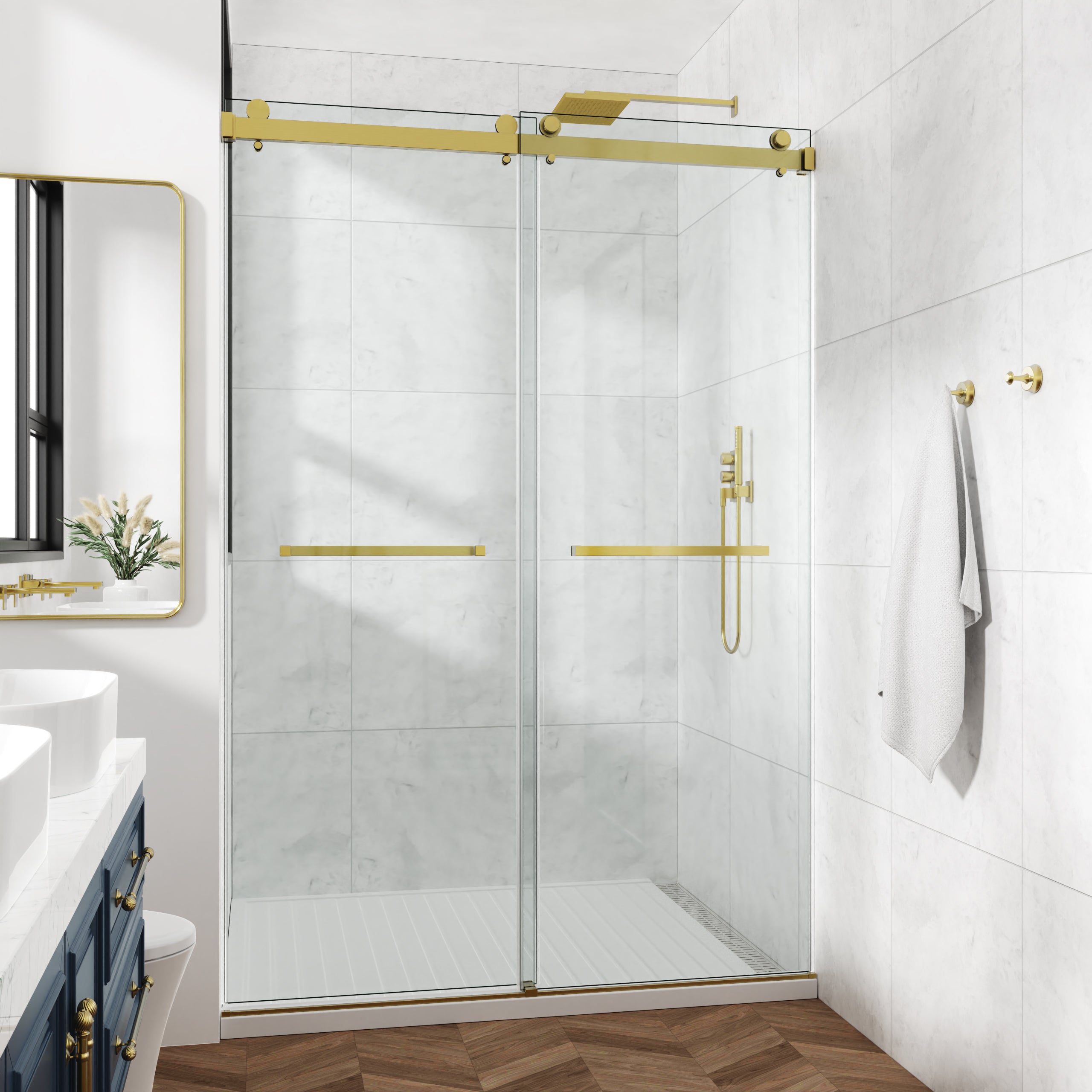 Frameless sliding shower door 60x72 inch gold hardware detail view