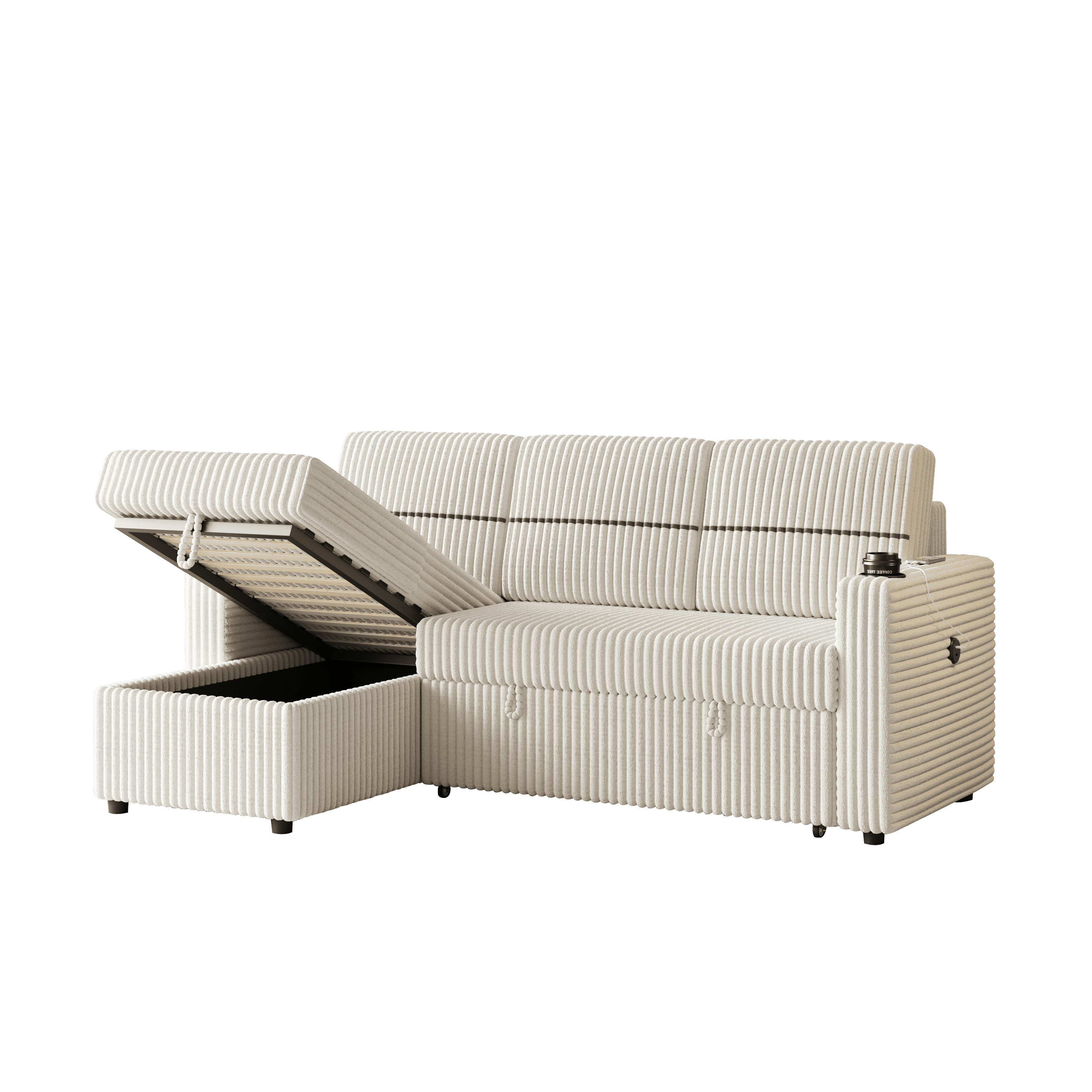 85 Inches Corduroy Sofa Bed, 3 Seater Sleeper Sofa with Storage Chaise, Square Handrail With Two Cup-holder And USB Charge Port, Pull Out Couch for Living Room