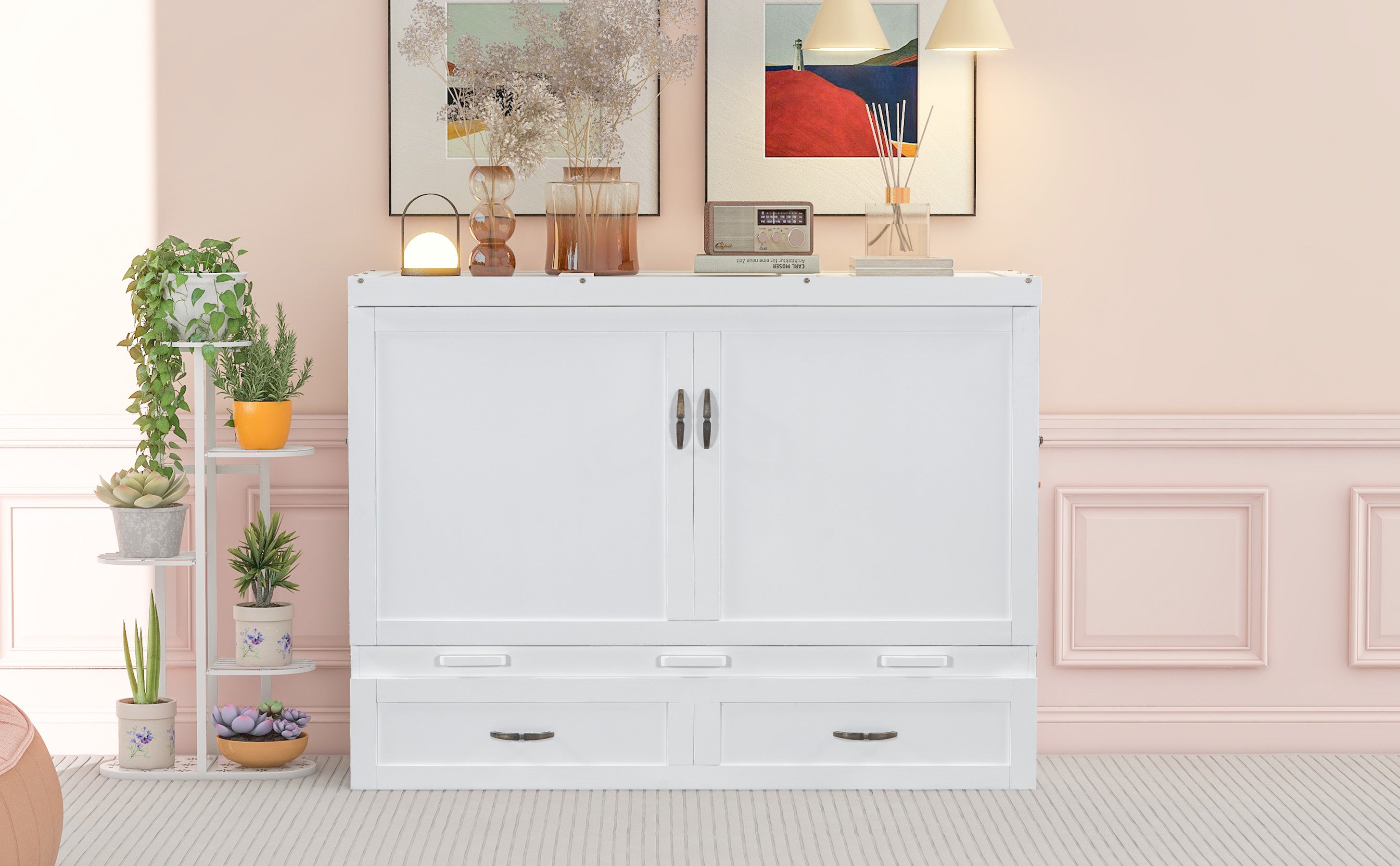 Queen Size Murphy Bed with USB Ports, Large Drawers and Metal Handles, White